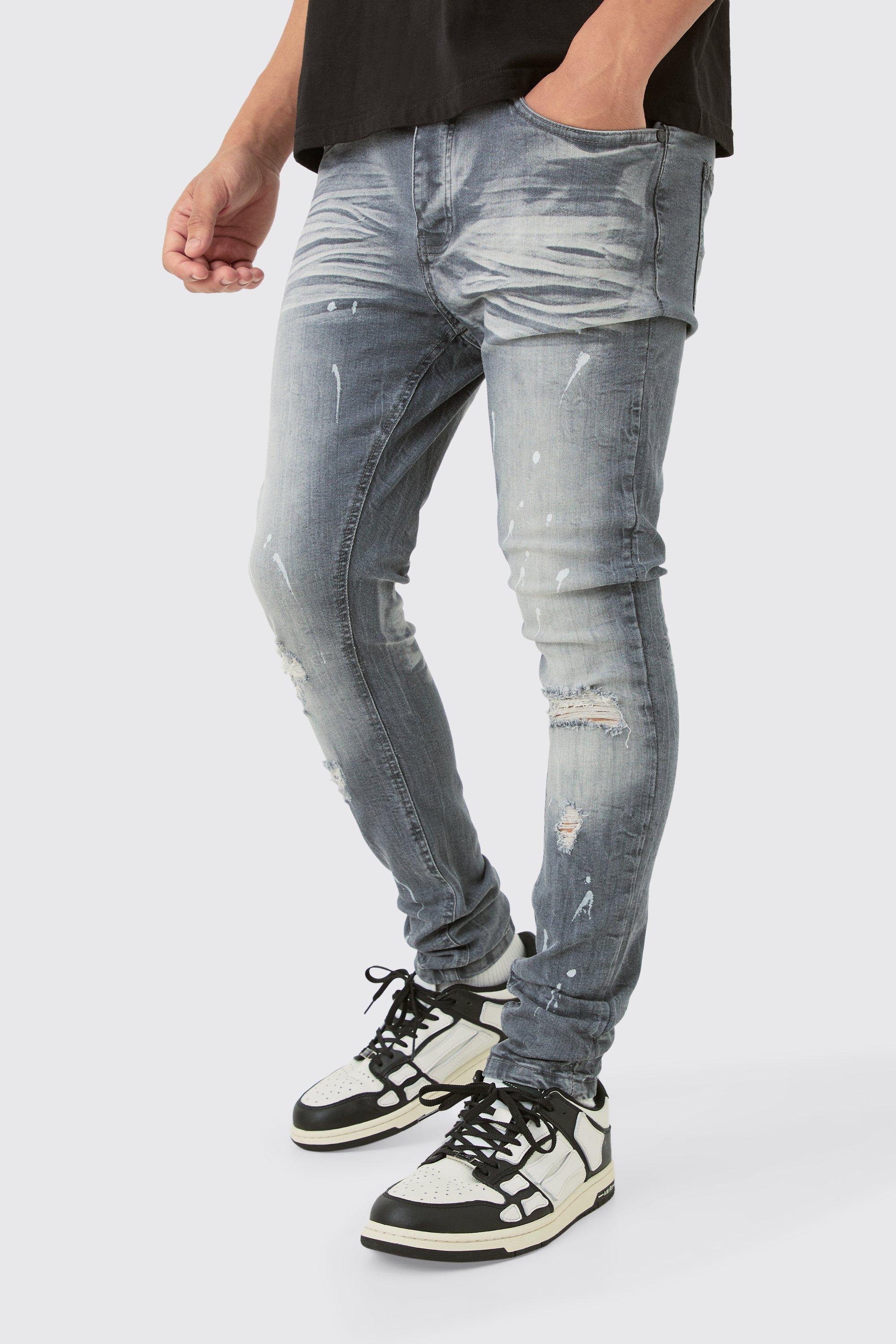 Mens Grey Super Skinny Stretch Ripped Jean In Dirty Wash, Grey