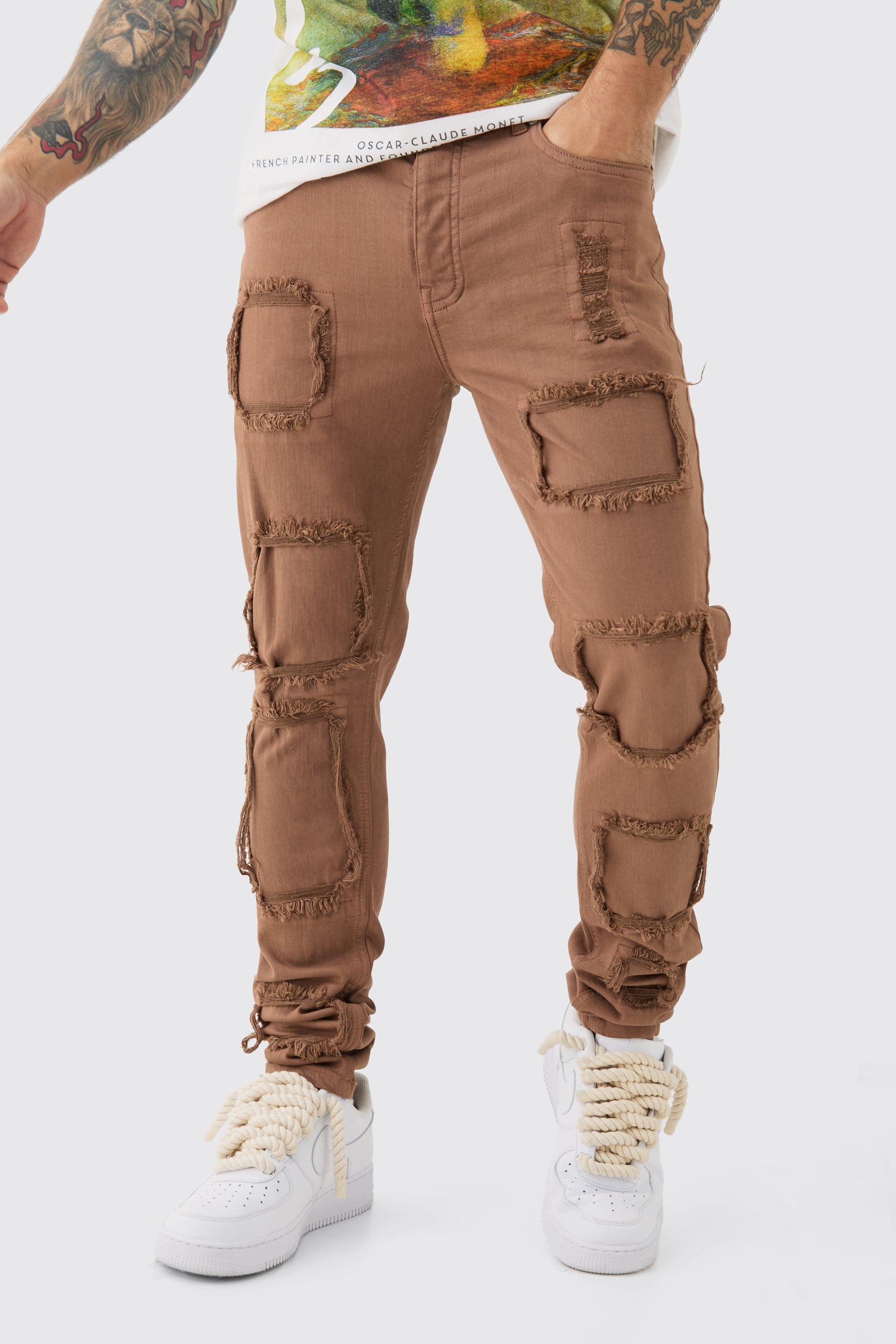 Image of Skinny Stretch Distressed Rip & Repair Jeans In Stone Wash, Beige