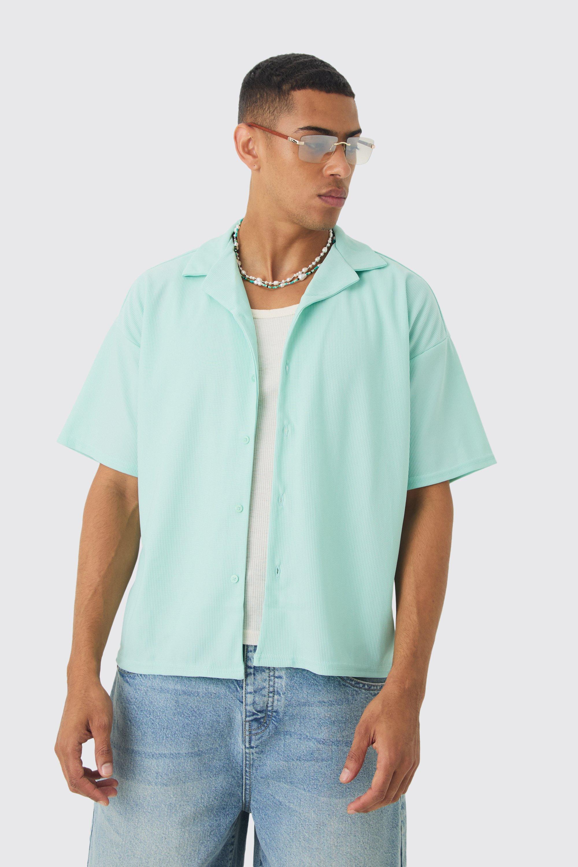 Camicia squadrata a coste a maniche corte, Azzurro