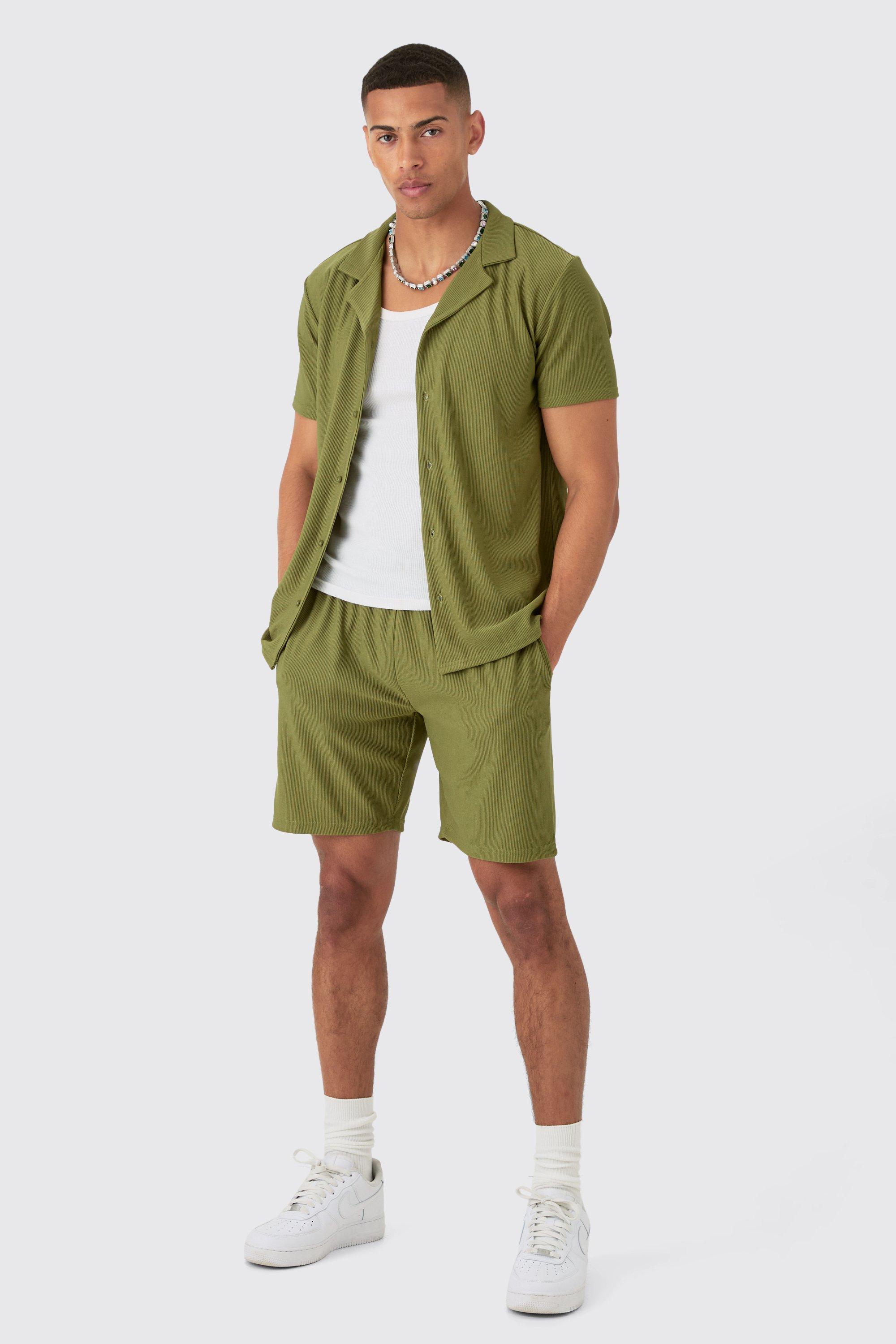 Mens Green Regular Fit Short Sleeve Ribbed Shirt & Short Set, Green