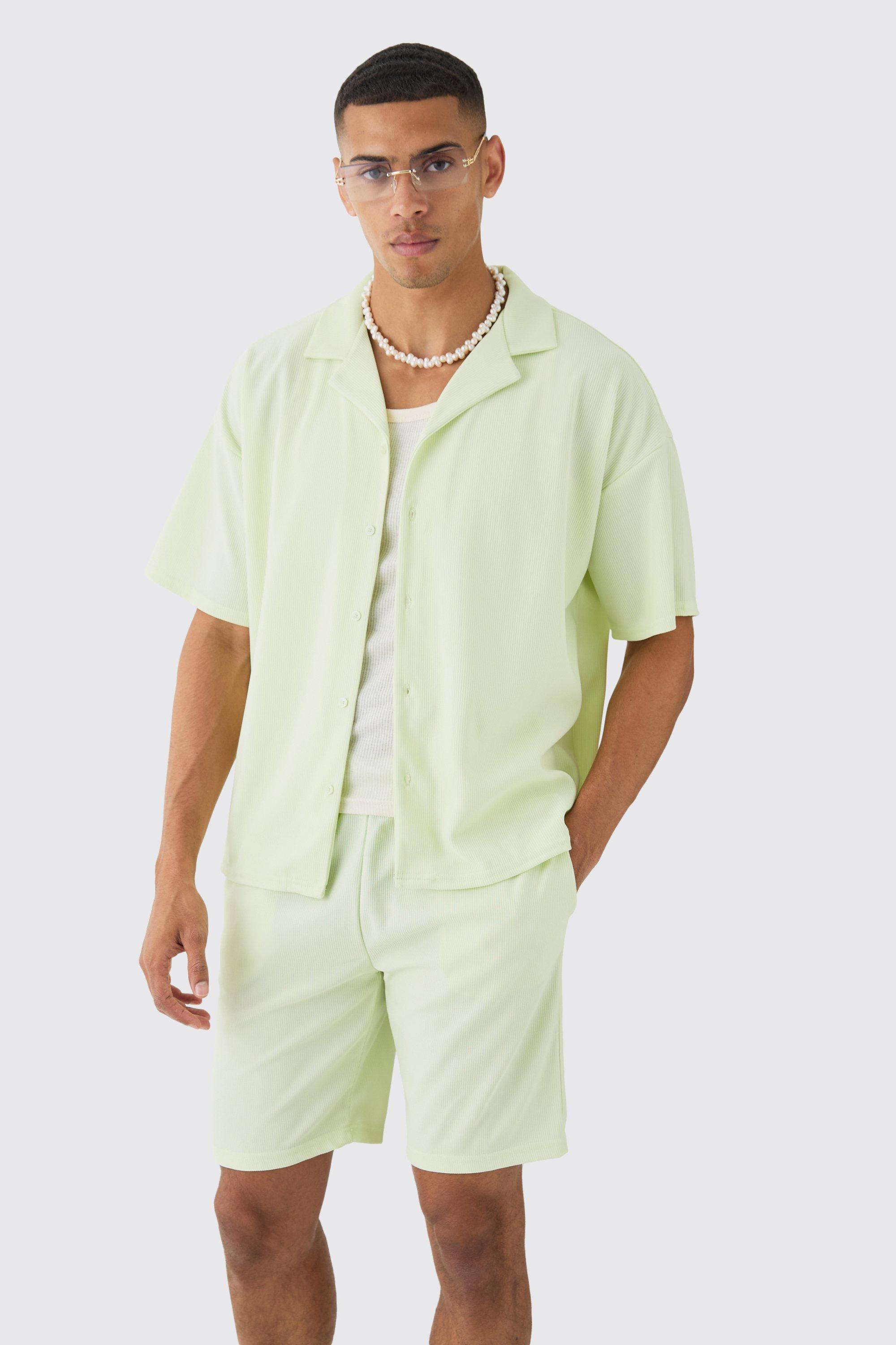 Camicia squadrata a coste a maniche corte & pantaloncini, Verde