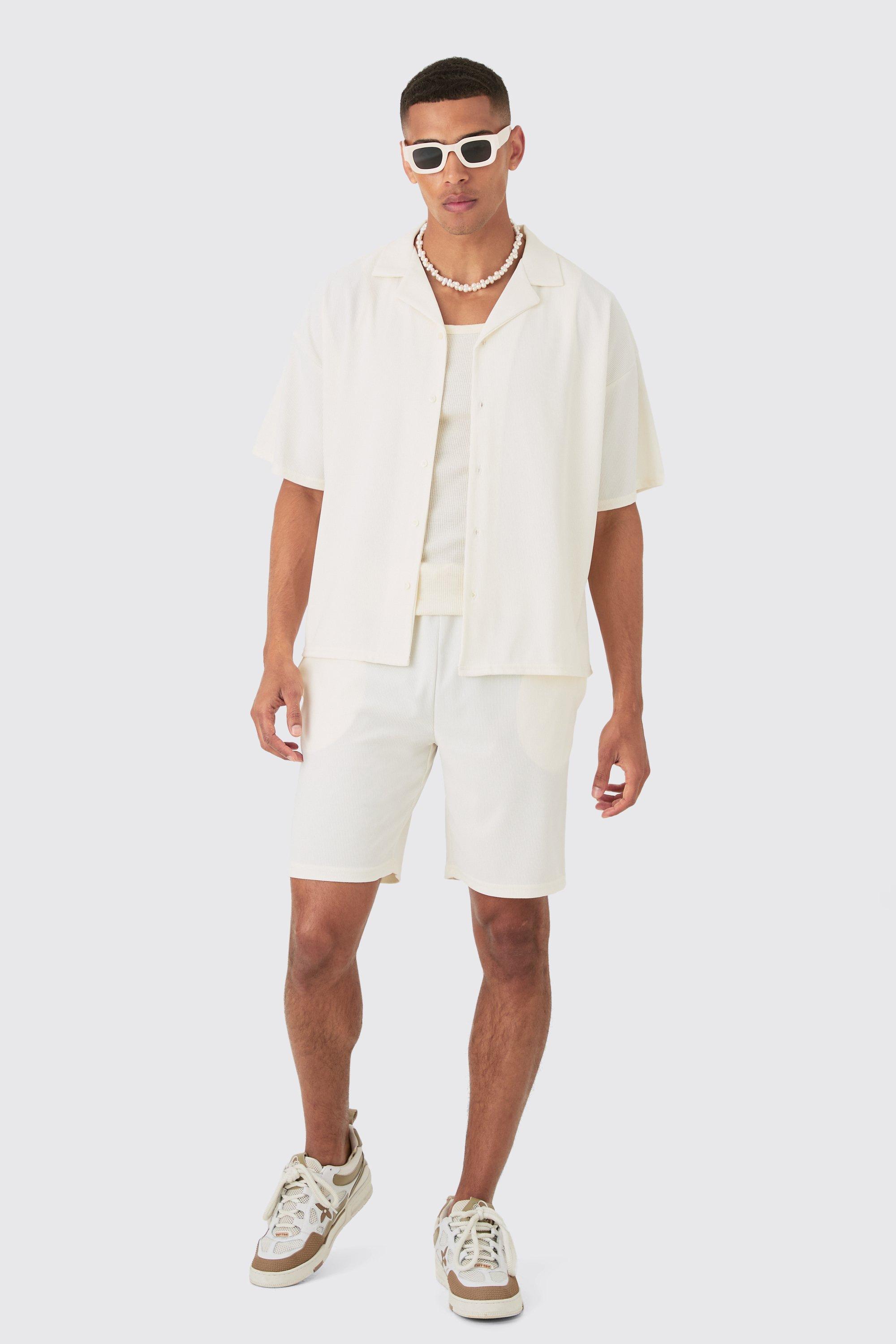 Image of Short Sleeve Ribbed Boxy Shirt & Short, Bianco