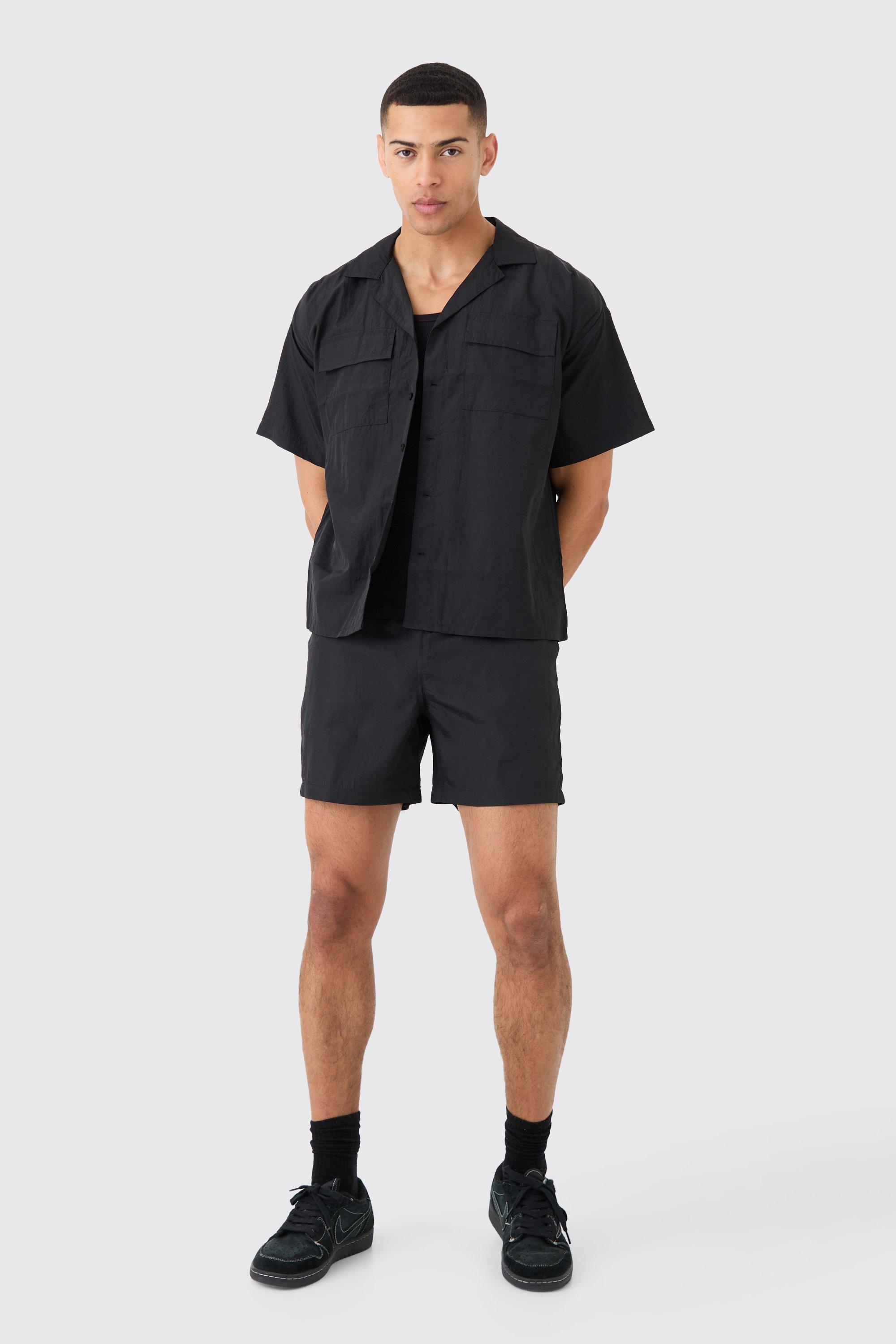 Mens Black Crinkle Nylon Pocket Shirt & Short Set, Black