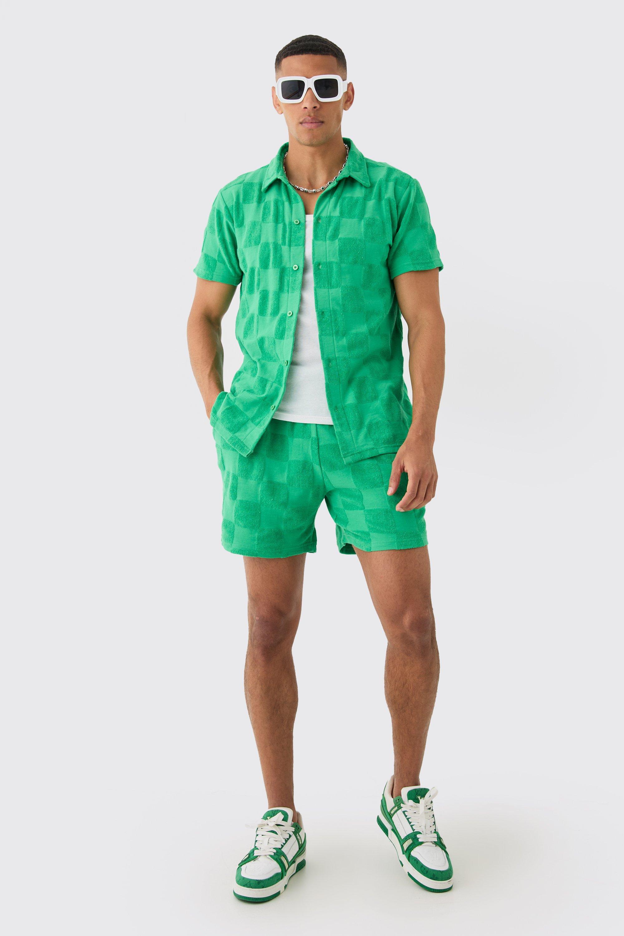 Image of Towelling Checkerboard Shirt & Short Set, Verde