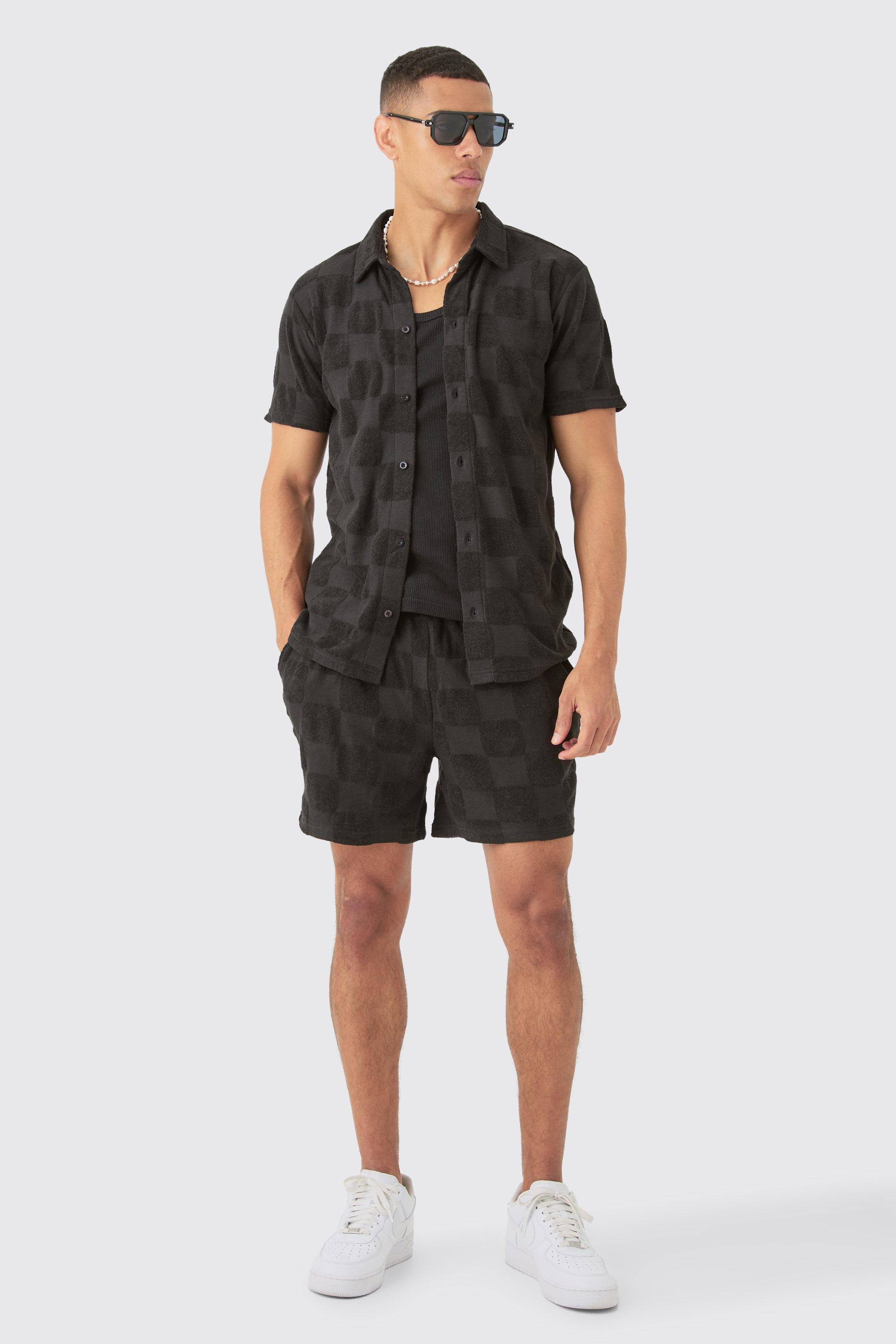 Image of Towelling Checkerboard Shirt & Short Set, Nero