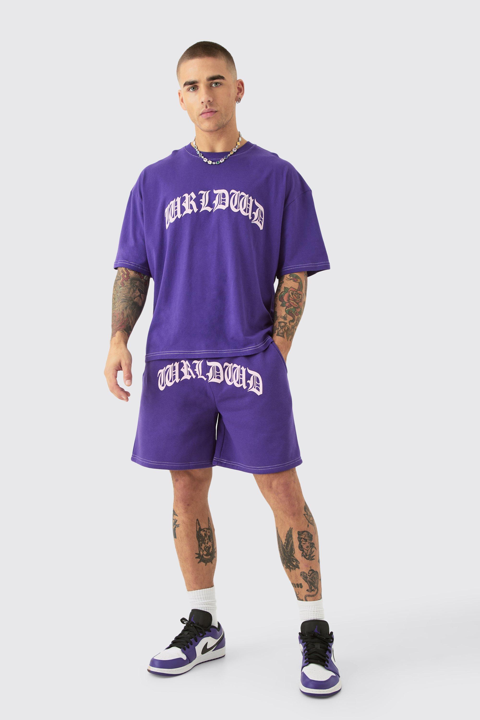 Image of Oversized Boxy Contrast Stitch Puff Print T-shirt & Short Set, Purple