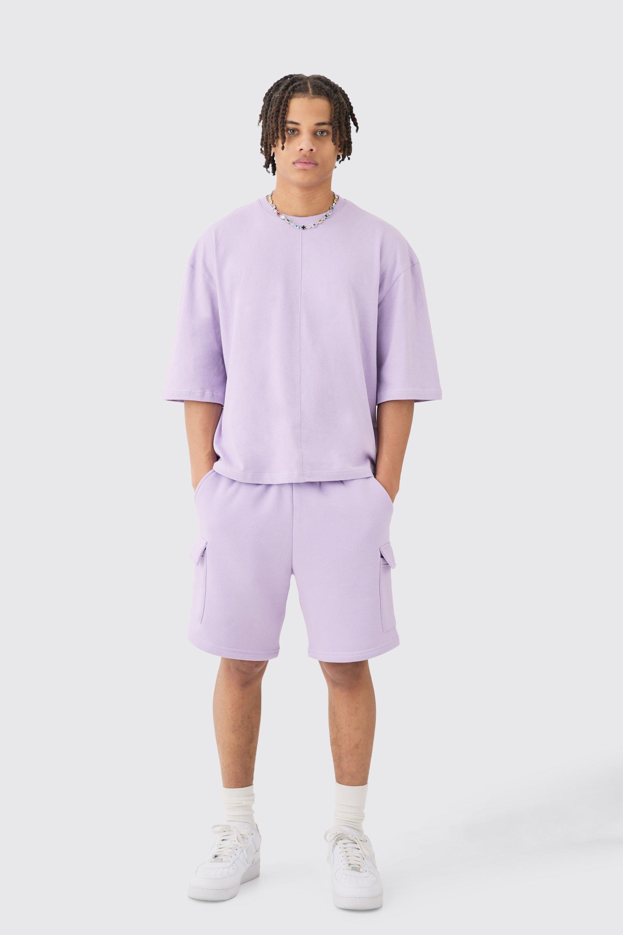 Image of Oversized Boxy Contrast Stitch Half Sleeve Tshirt & Cargo Set, Purple