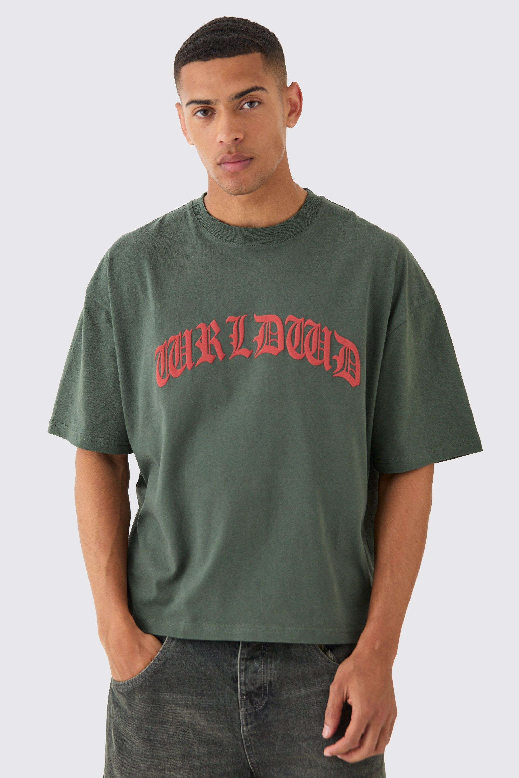Image of Oversized Boxy Contrast Stitch Worldwide T-shirt, Verde
