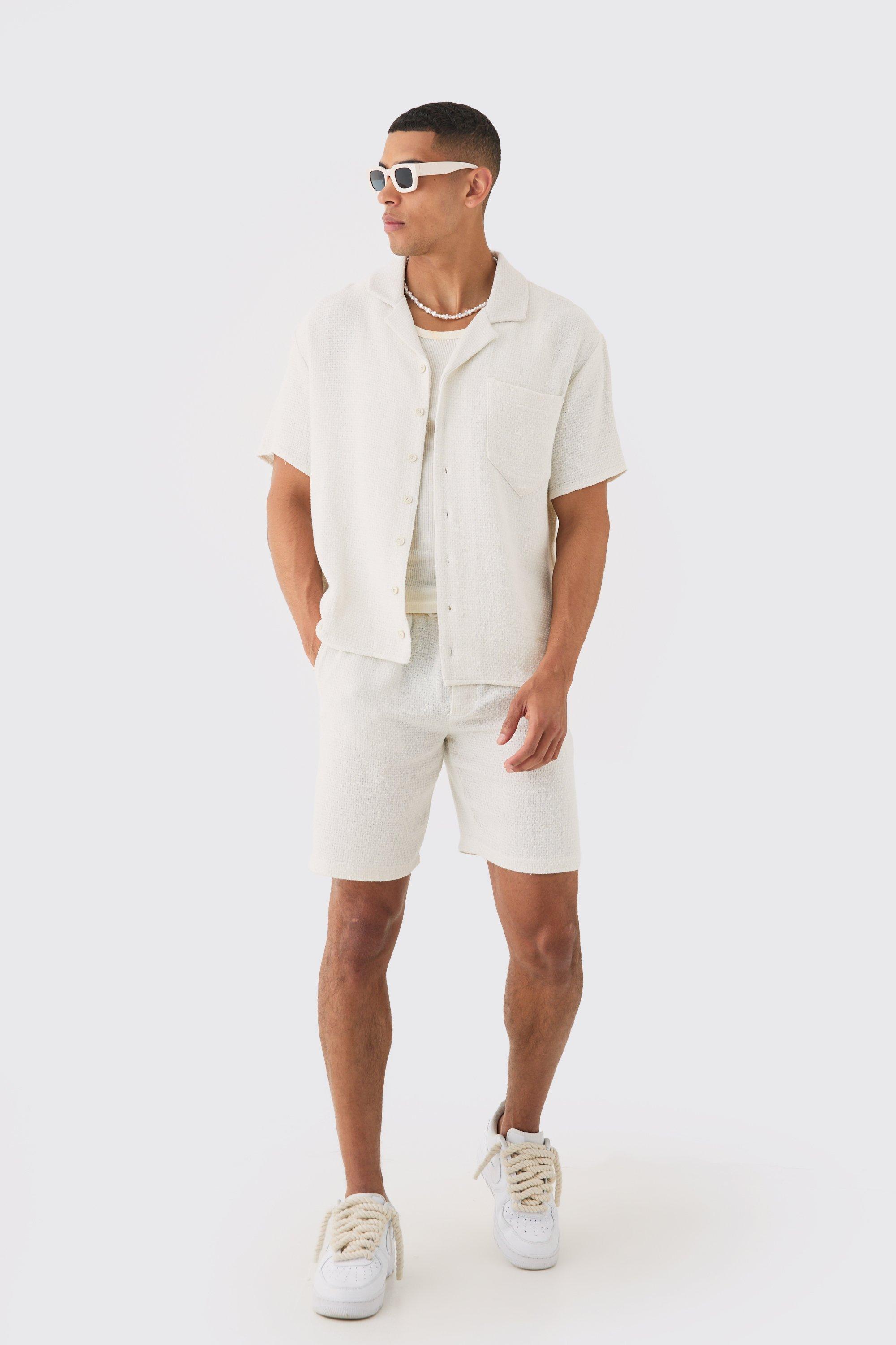 Image of Oversized Short Sleeve Open Weave Shirt & Short Set, Cream