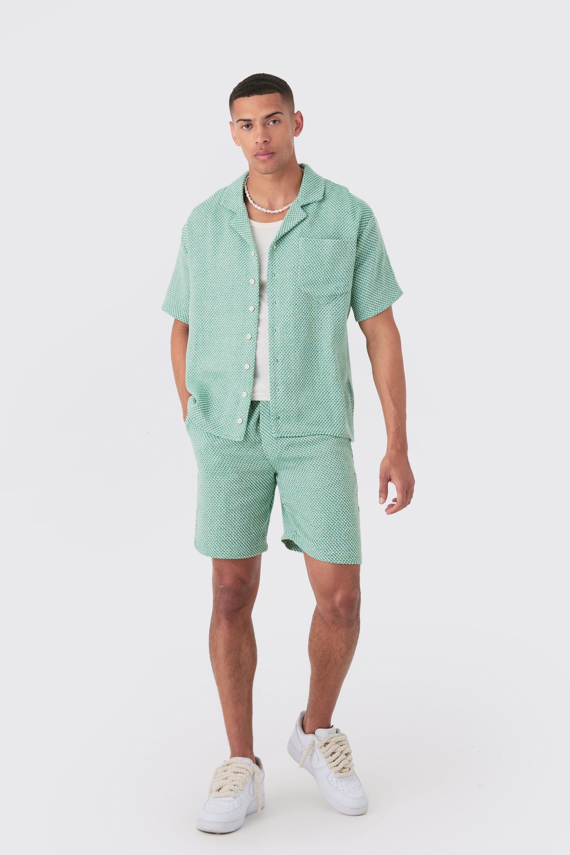 Image of Oversized Short Sleeve Open Weave Shirt & Short Set, Verde