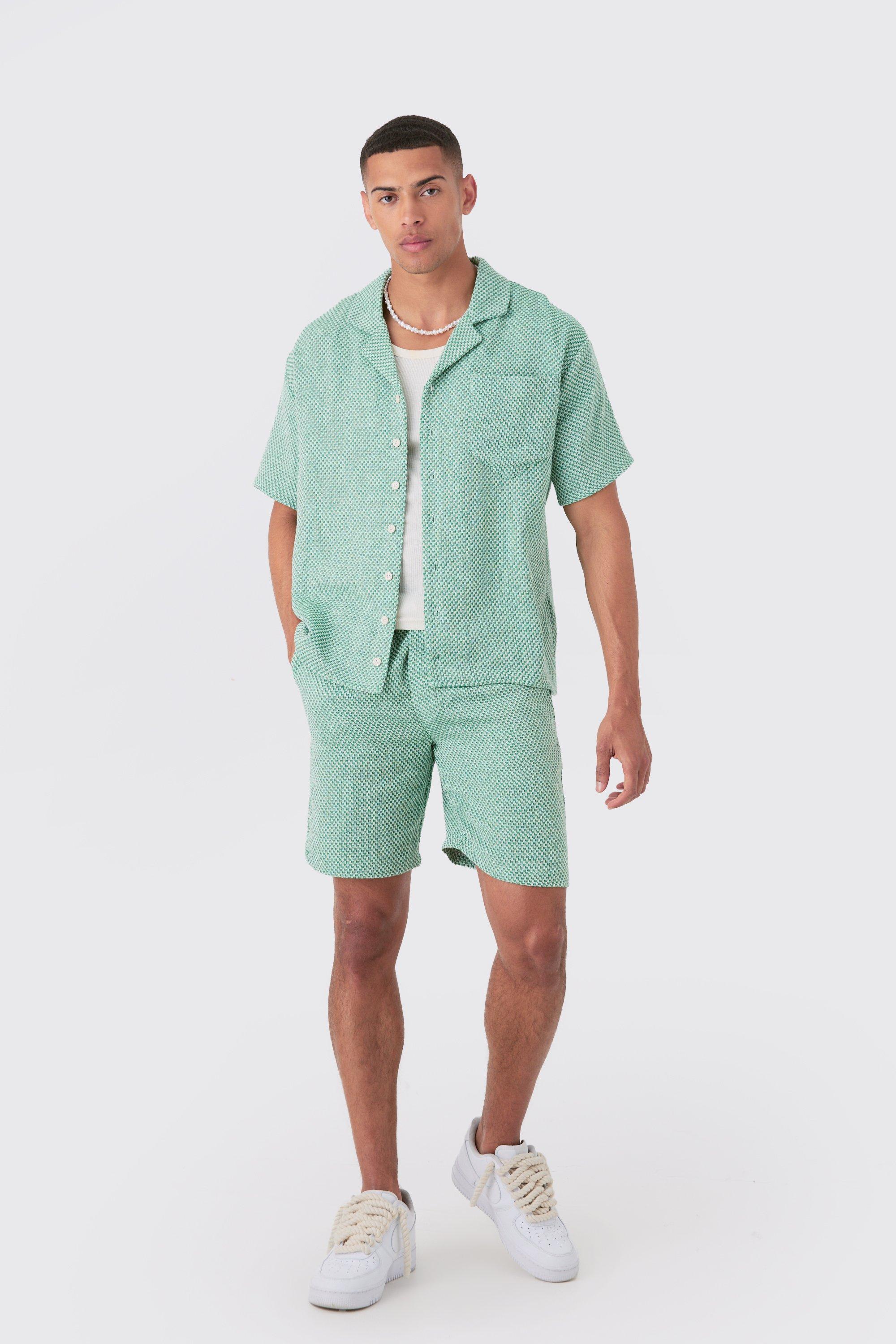 Mens Green Boxy Short Sleeve Open Weave Shirt & Short Set, Green