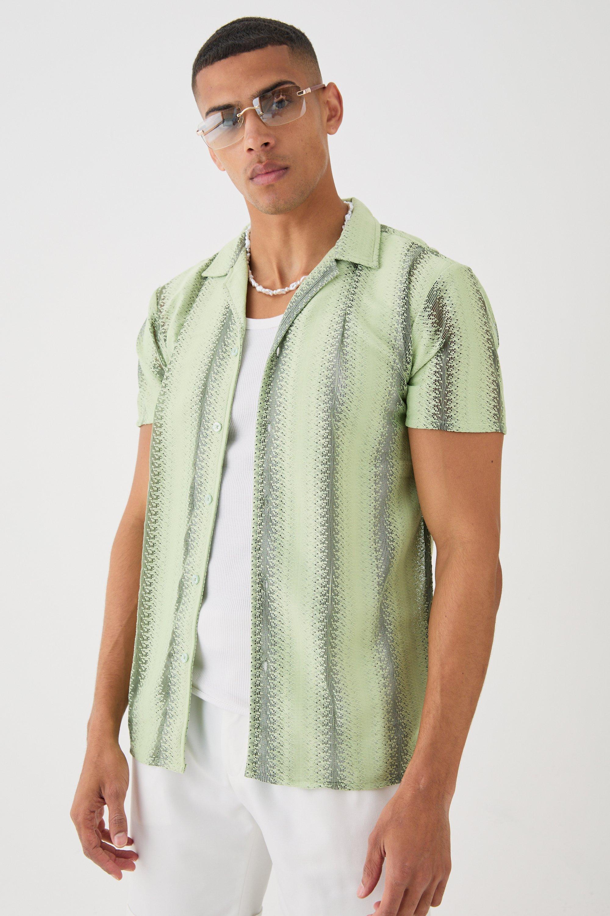 Image of Open Stitch Sheer Stripe Shirt, Verde