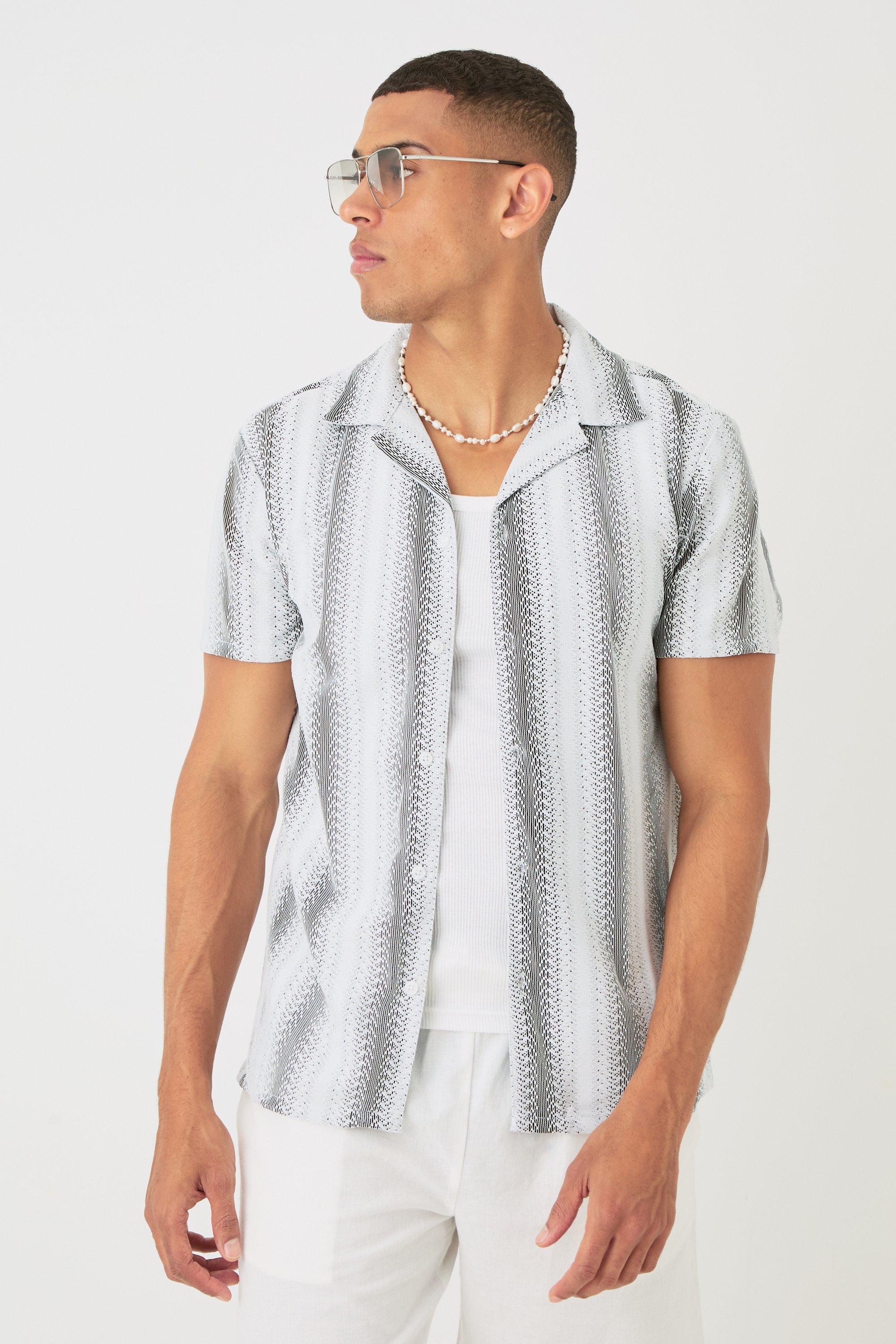 Mens White Open Stitch Sheer Stripe Shirt, White