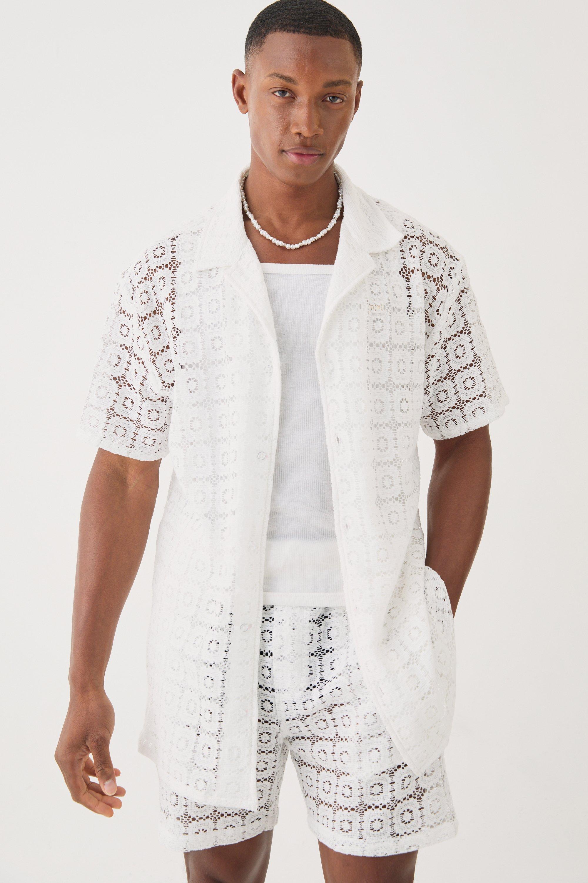 Image of Oversized Open Weave Lace Shirt, Bianco