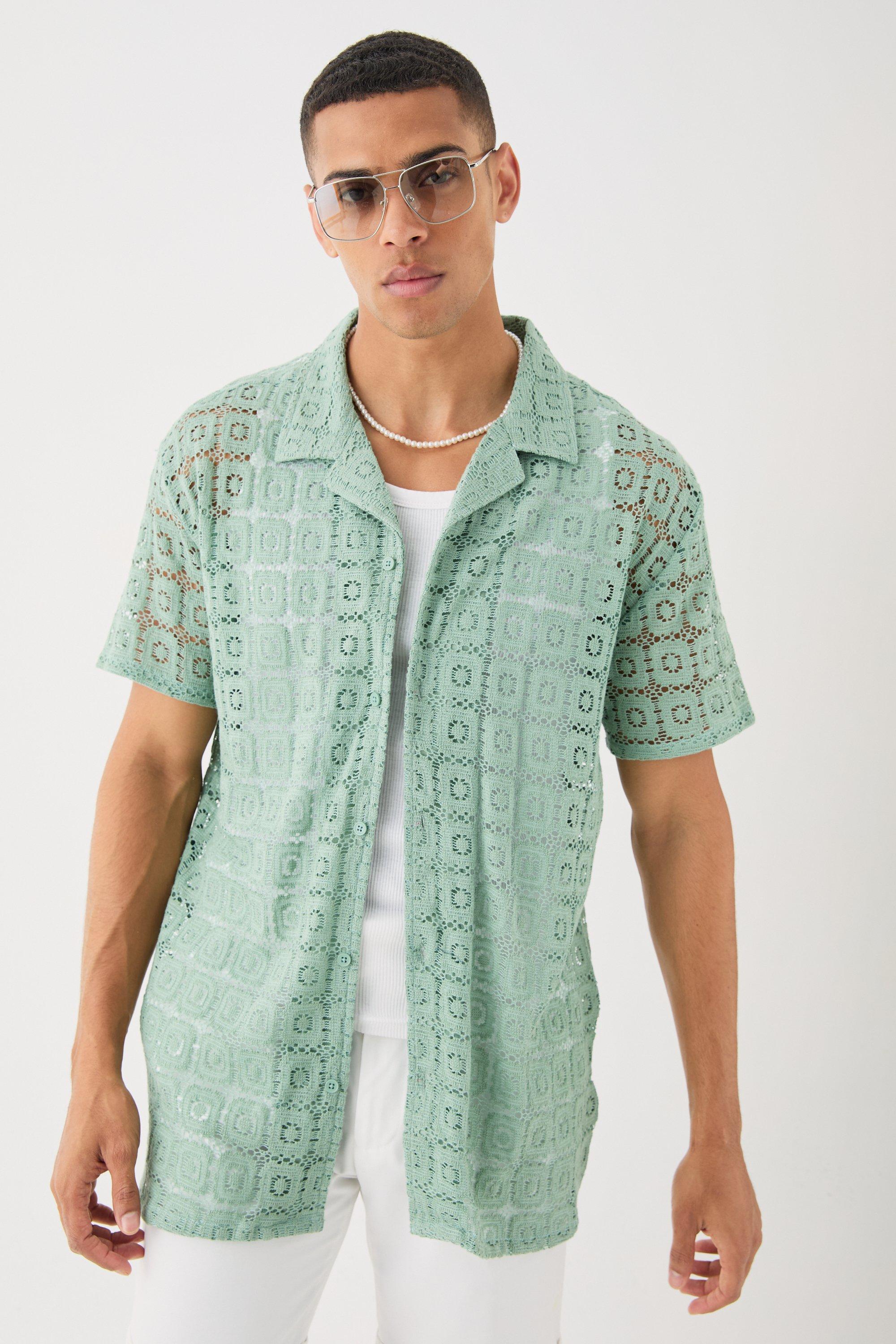 Image of Oversized Open Weave Lace Shirt, Verde