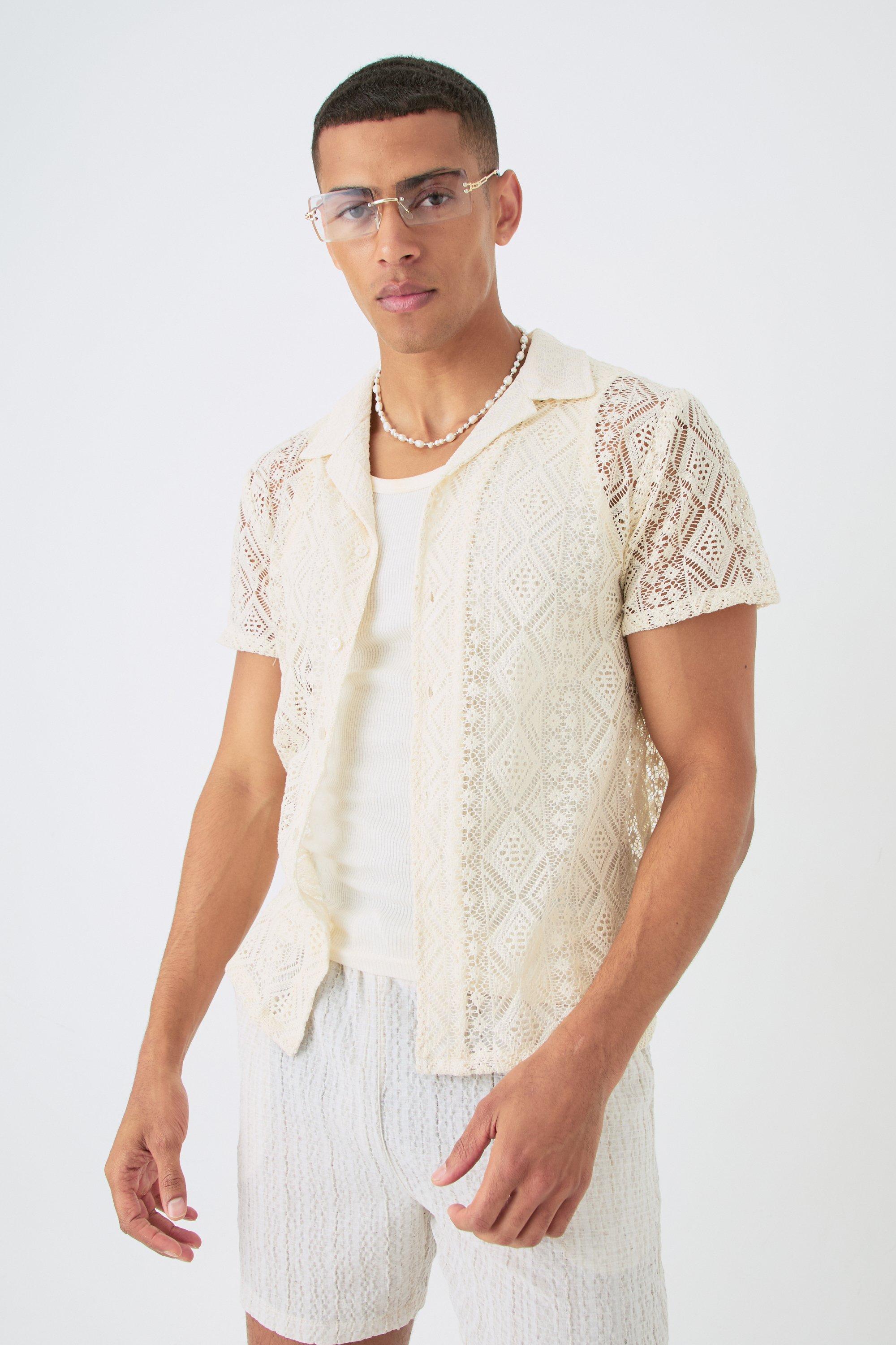 Mens Cream Boxy Crochet Look Shirt, Cream