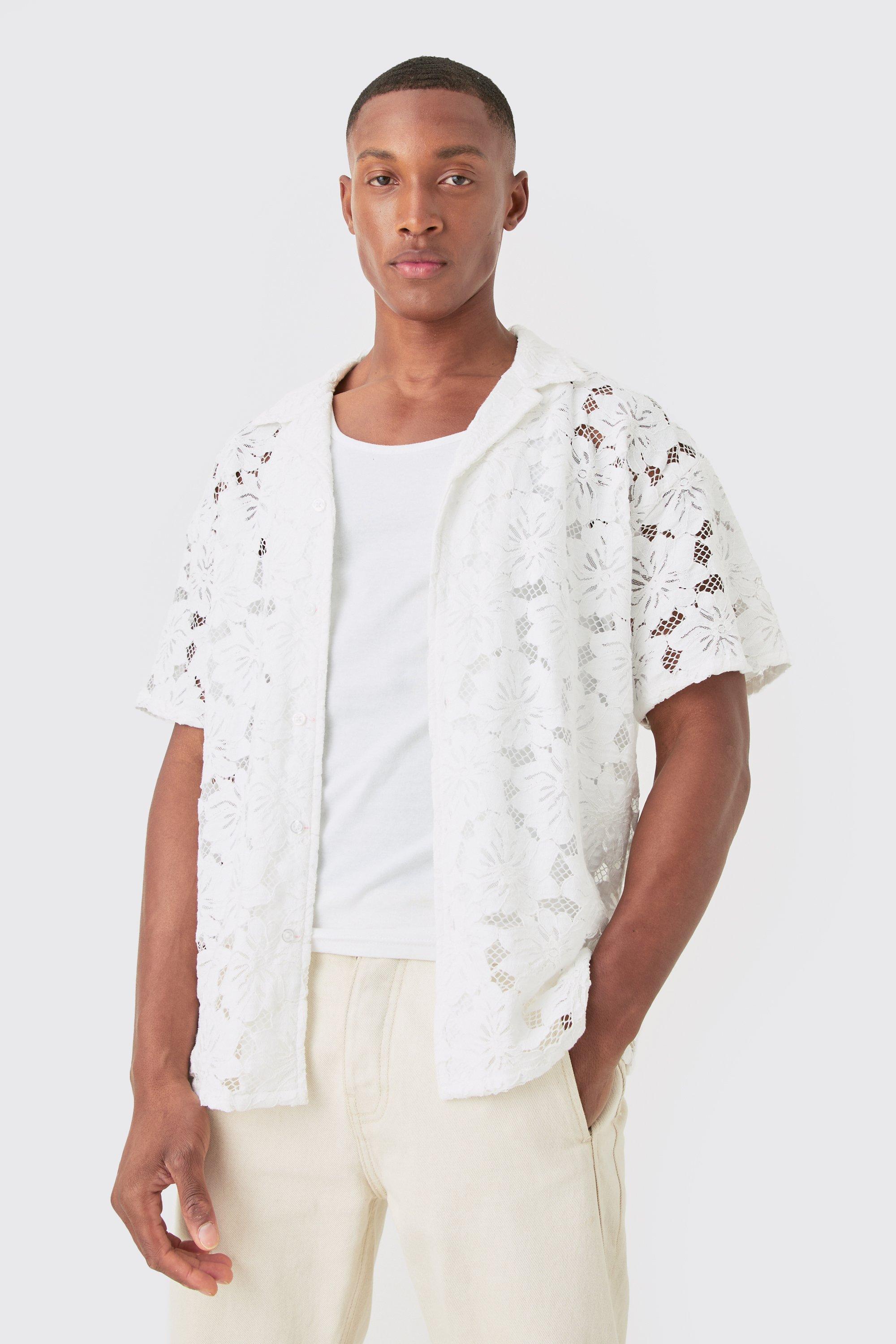 Image of Boxy Floral Lace Shirt, Bianco