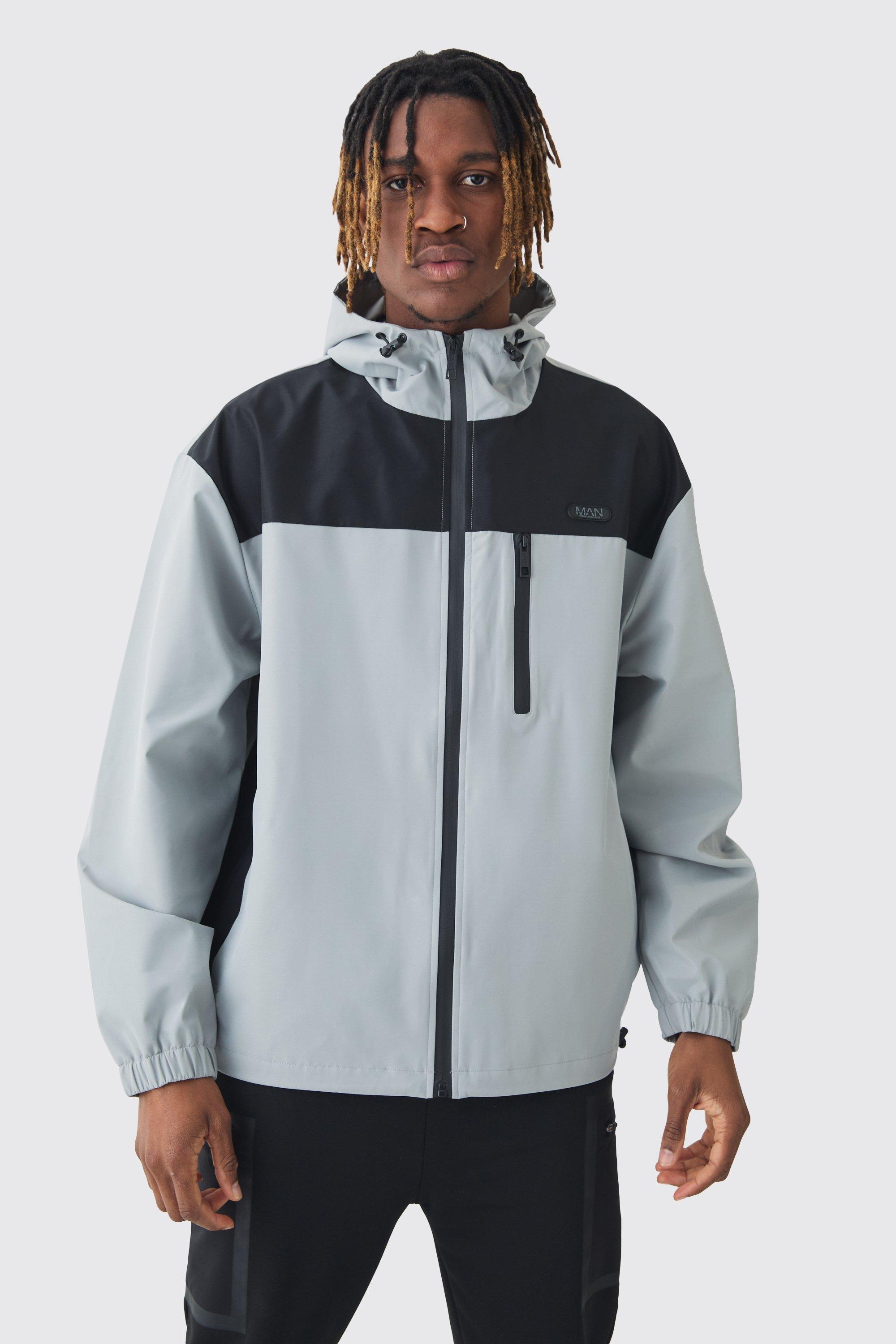 Mens Tall Oversized Colour Block Hooded Windbreaker In Grey, Grey
