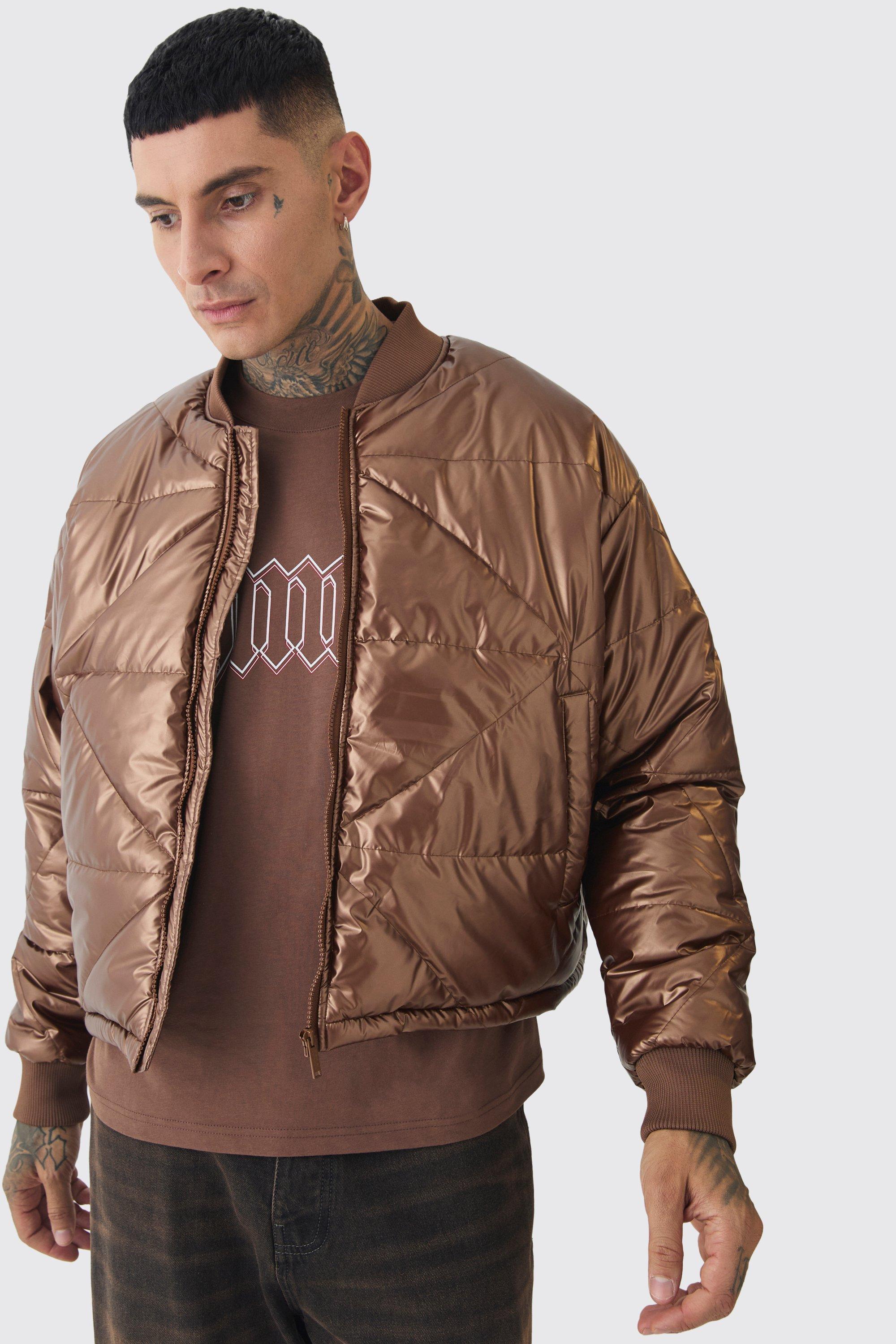 Giacca Bomber squadrata Tall metallizzata in fantasia astratta trapuntata color cuoio, Brown