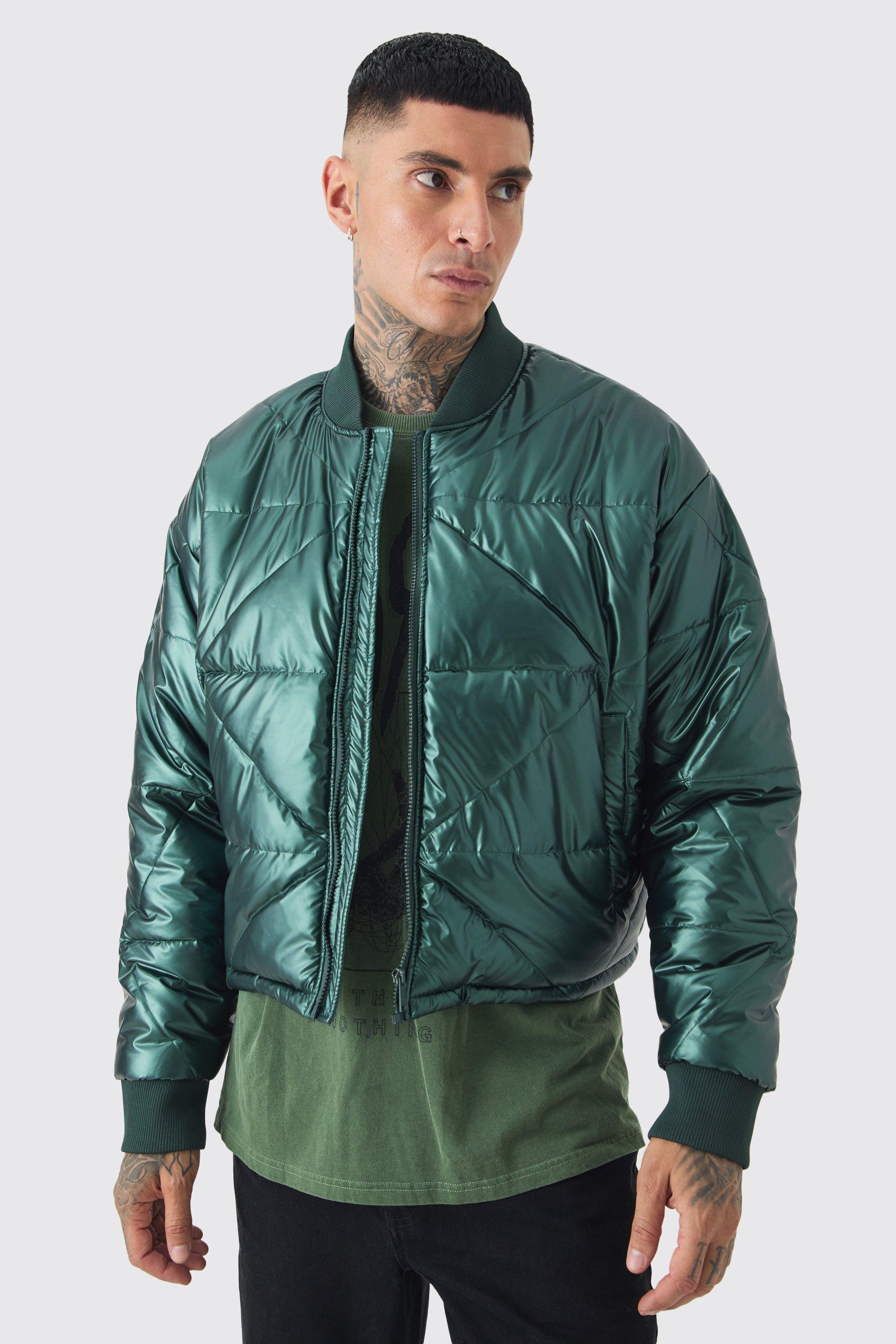 Giacca Bomber squadrata Tall verde metallizzato trapuntata in fantasia astratta, Verde