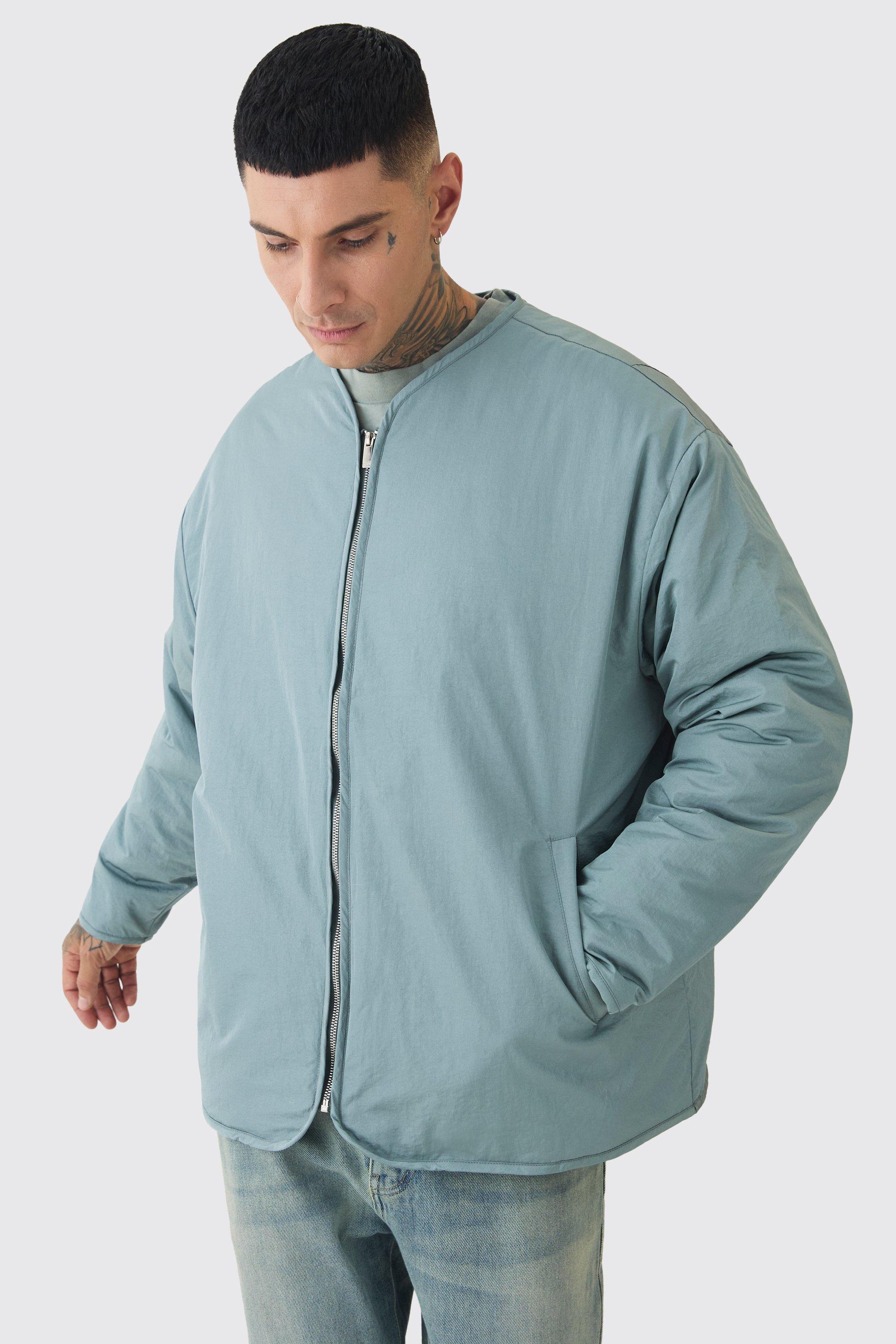 Mens Grey Tall Oversized Collarless Padded Bomber Jacket In Slate, Grey