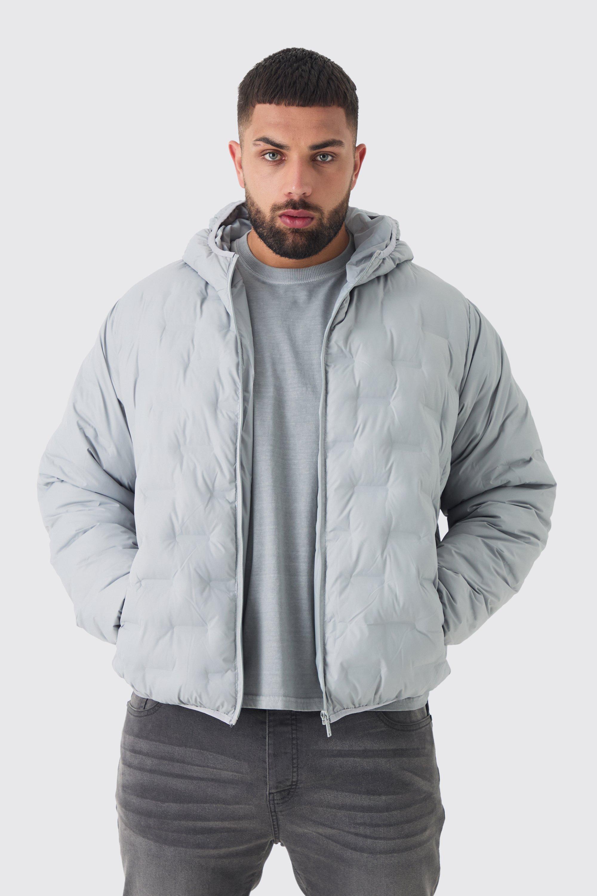 Giacca Plus Size grigia trapuntata con cuciture a caldo e cappuccio, Grigio
