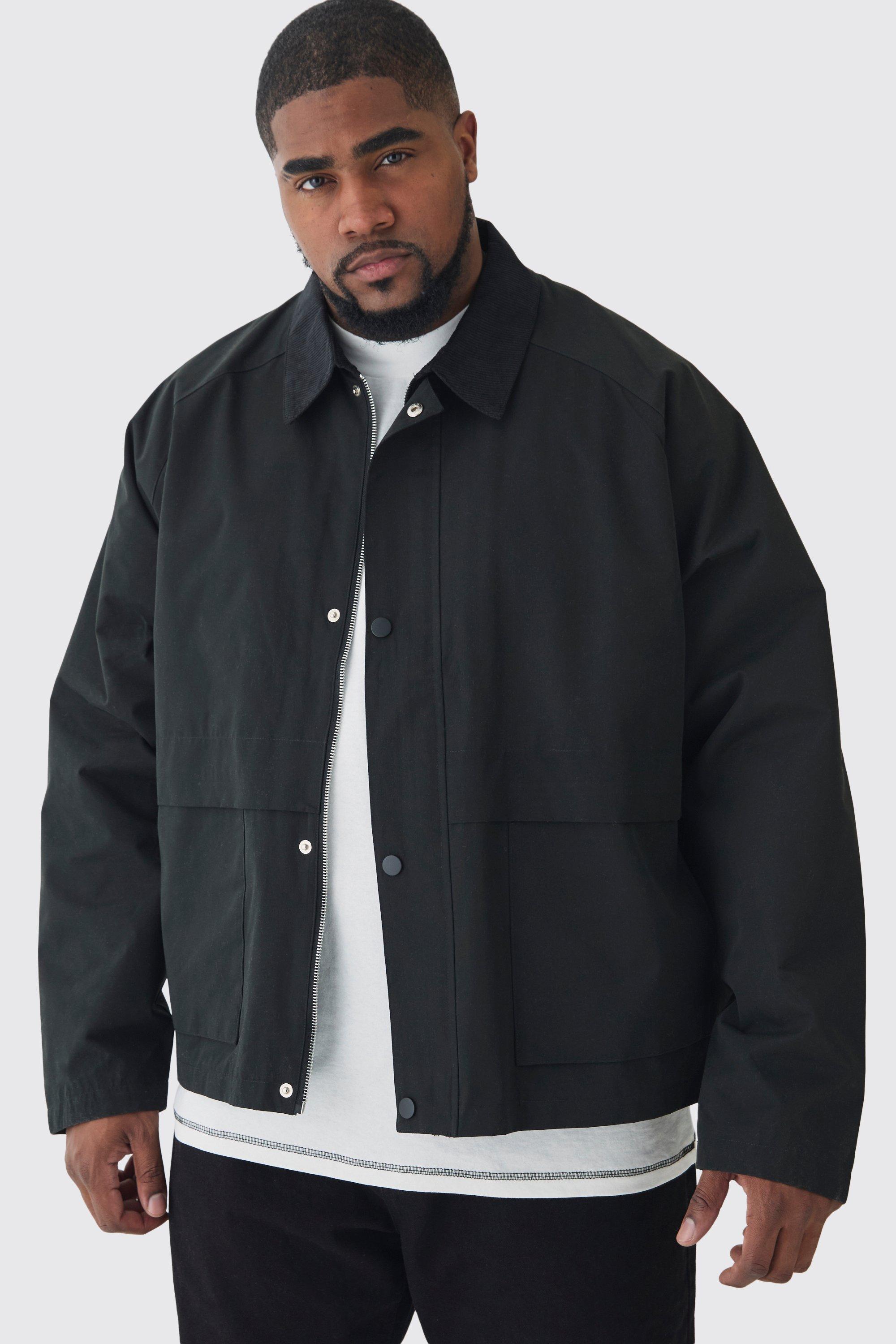 Mens Plus Boxy Cord Collar Worker Jacket In Black, Black