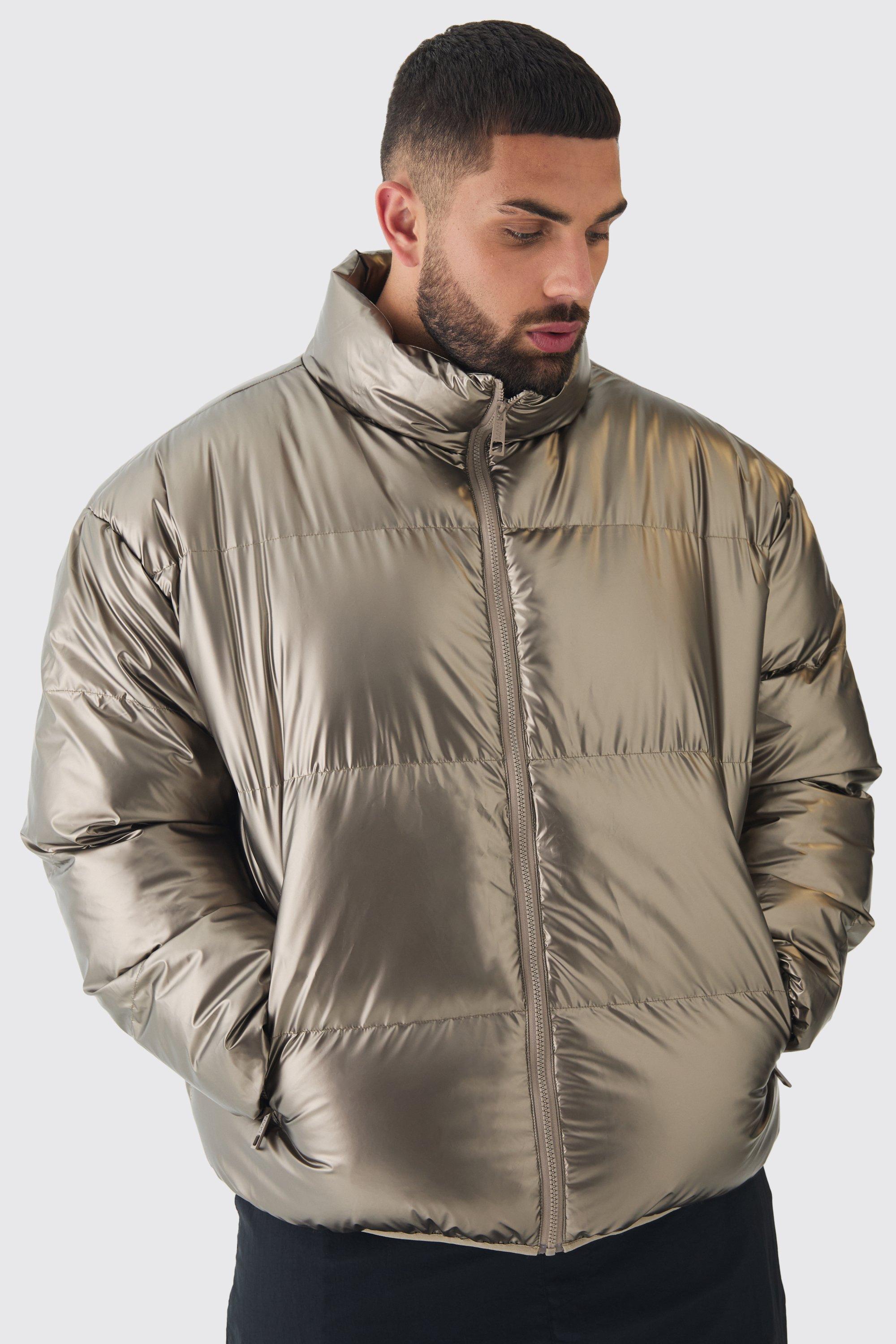 Piumino Plus Size metallizzato color bronzo con collo a imbuto, Brown