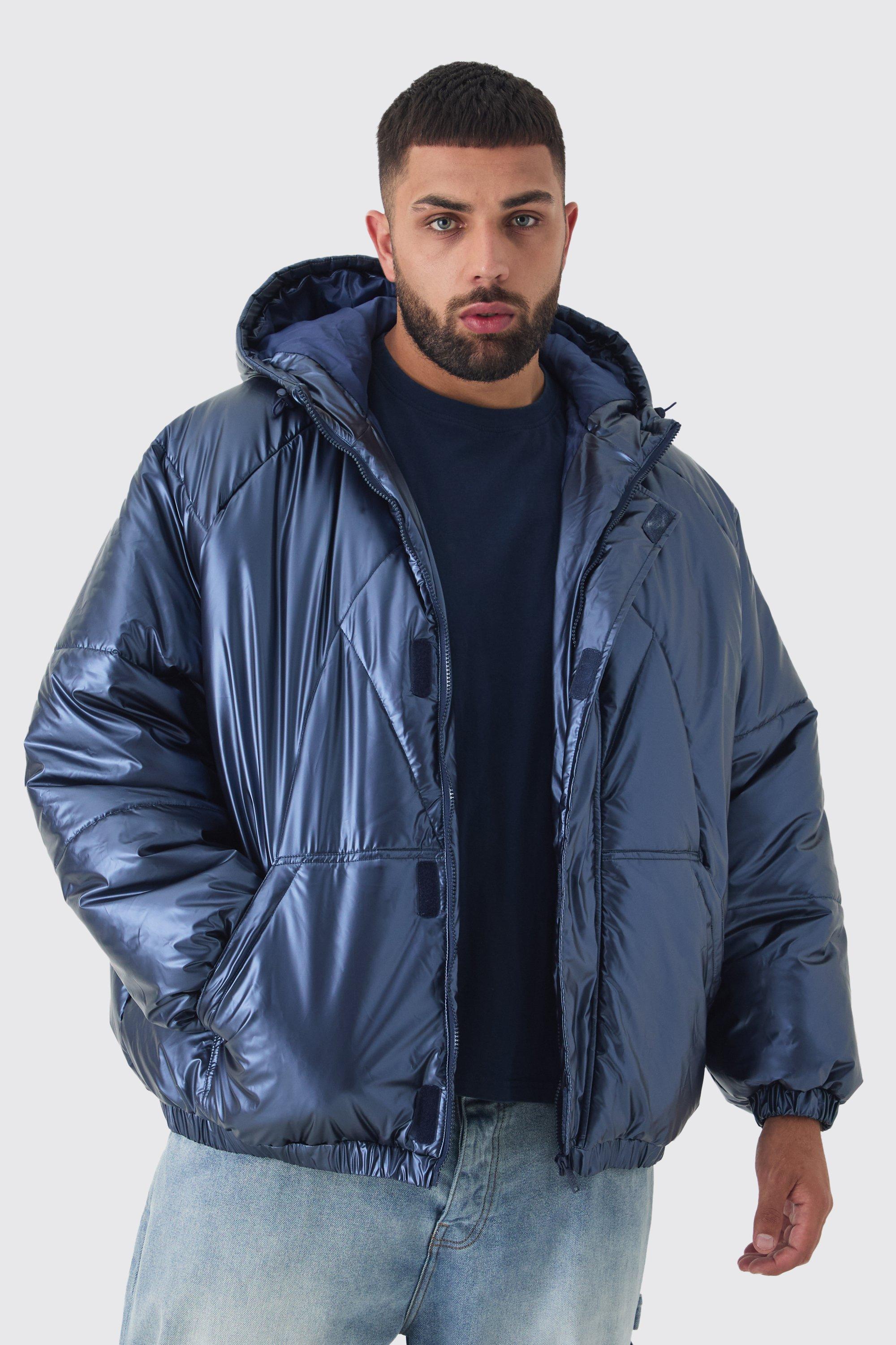 Piumino Plus Size oversize metallizzato blu navy con cappuccio, Navy