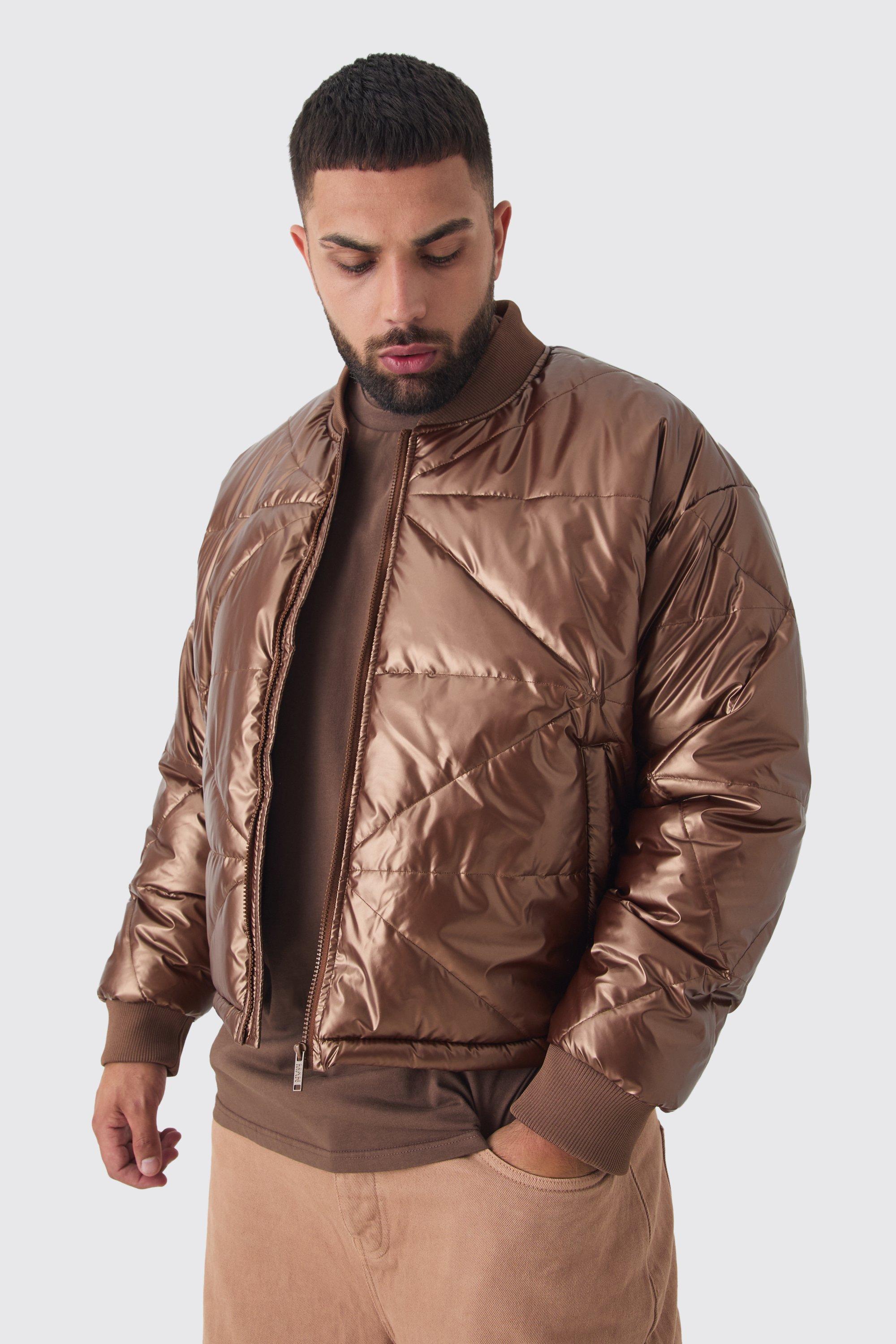 Giacca Bomber squadrata Plus Size metallizzata in fantasia astratta trapuntata color cuoio, Brown