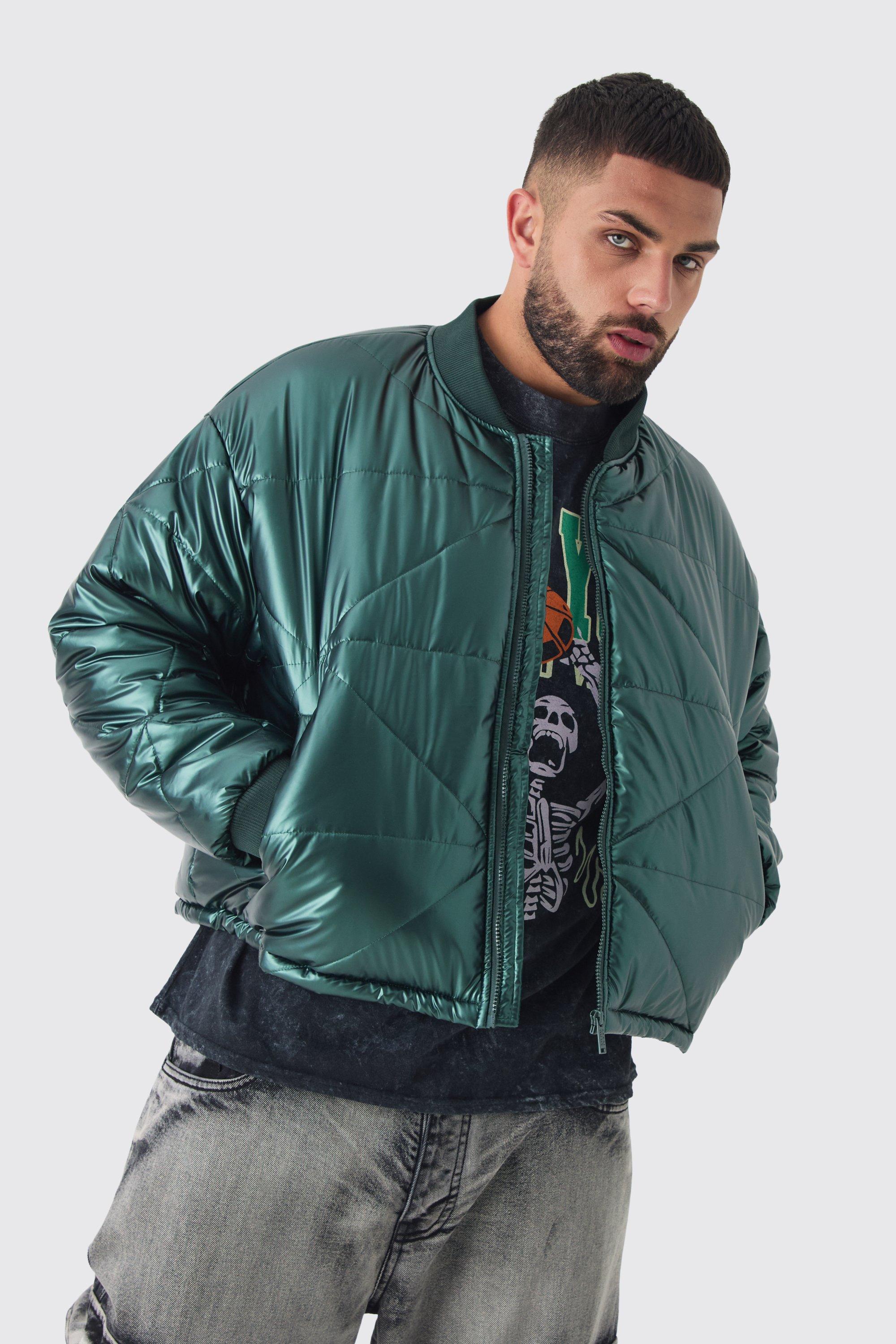 Giacca Bomber squadrata Plus Size verde metallizzato trapuntato in fantasia astratta, Verde