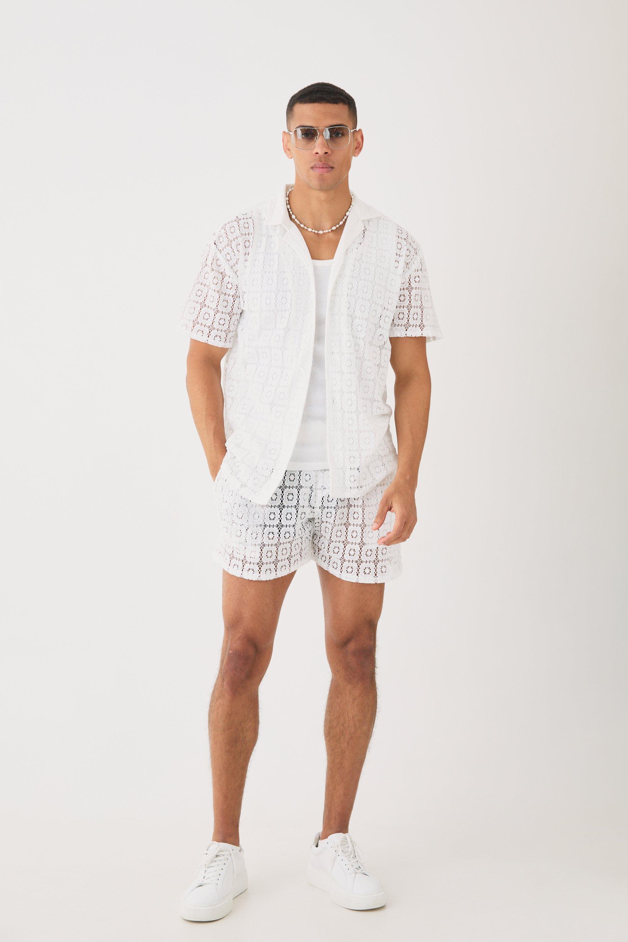 Image of Oversized Open Weave Lace Shirt & Short, Bianco