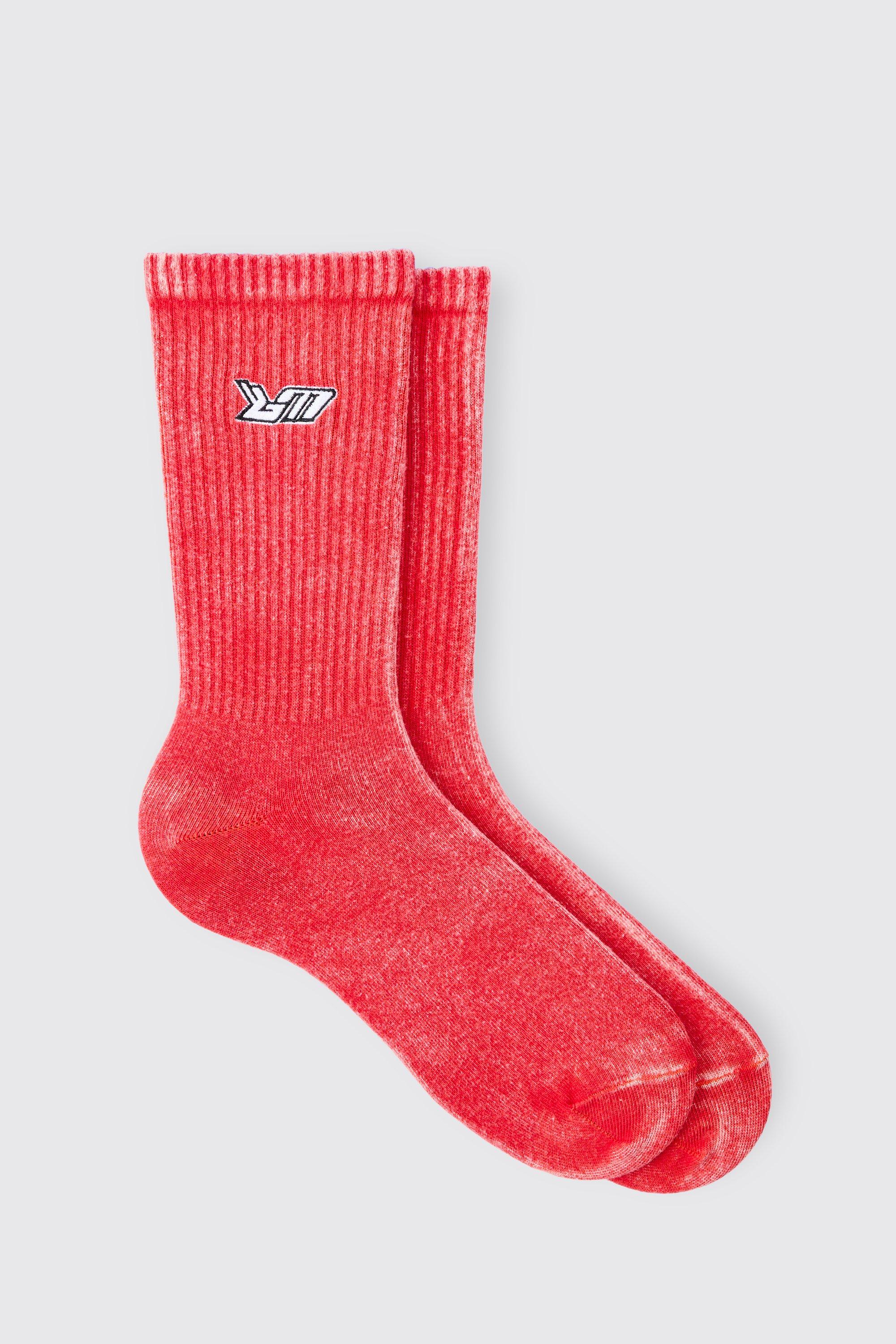 Image of Acid Wash Bm Embroidered Socks In Red, Rosso