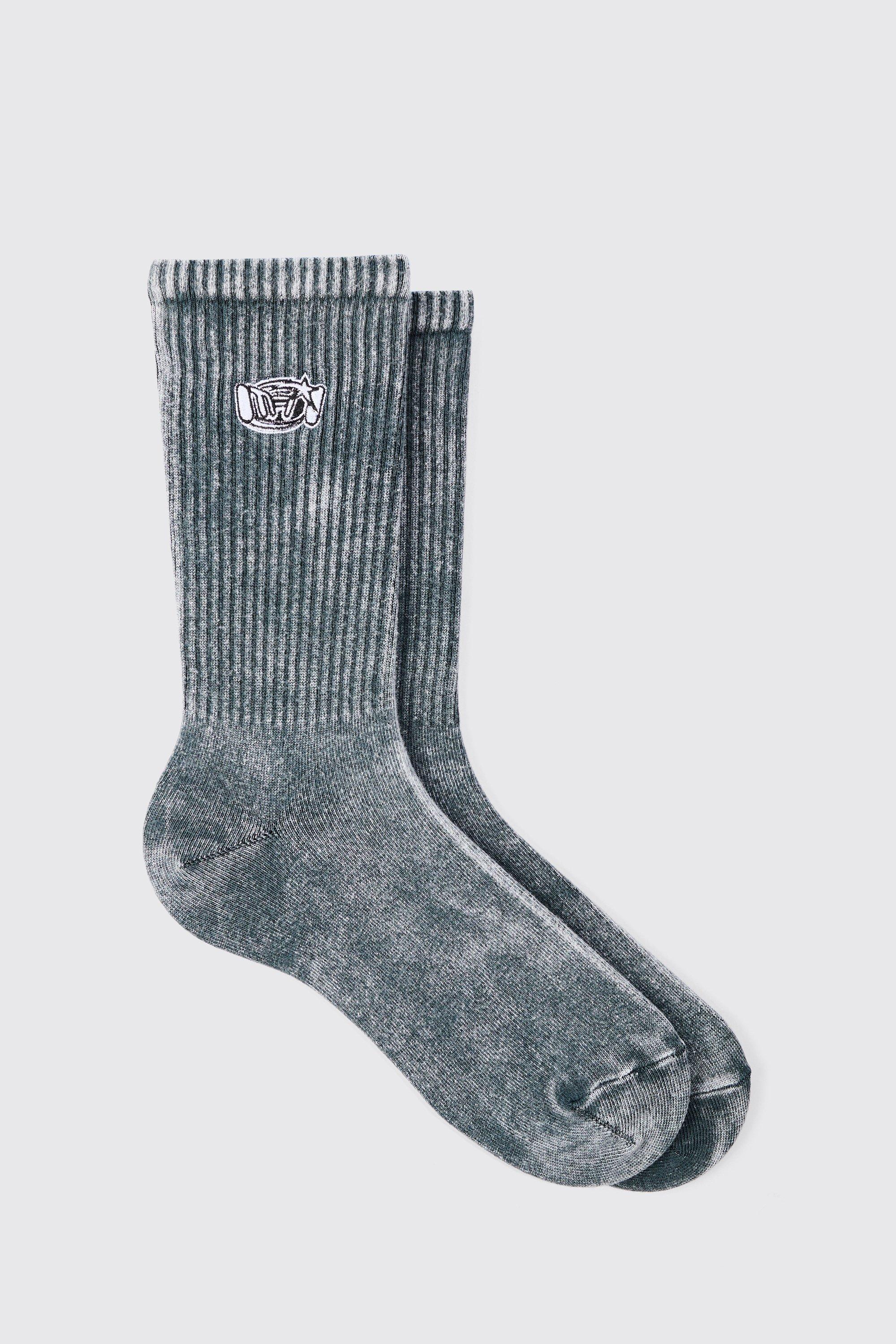 Image of Acid Wash Man Embroidered Socks In Charcoal, Grigio