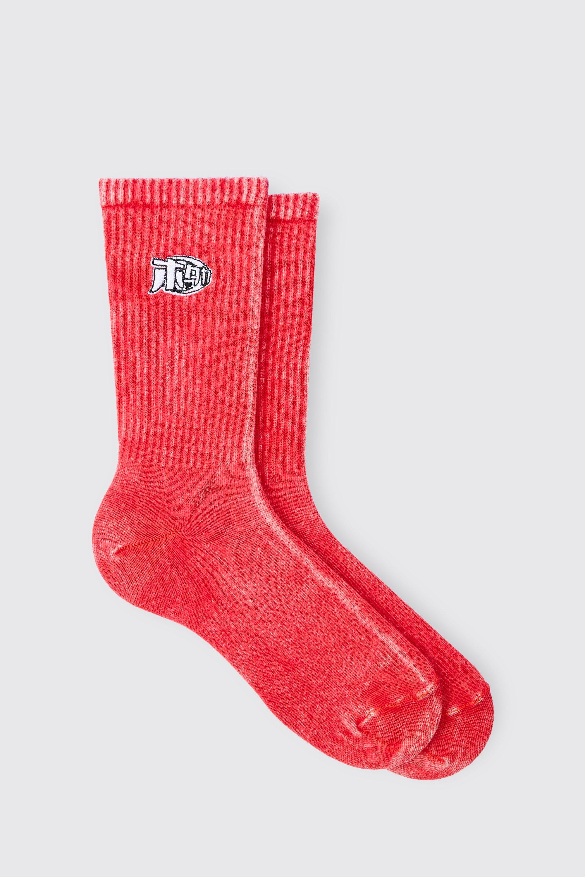 Image of Acid Wash Man Embroidered Socks In Red, Rosso