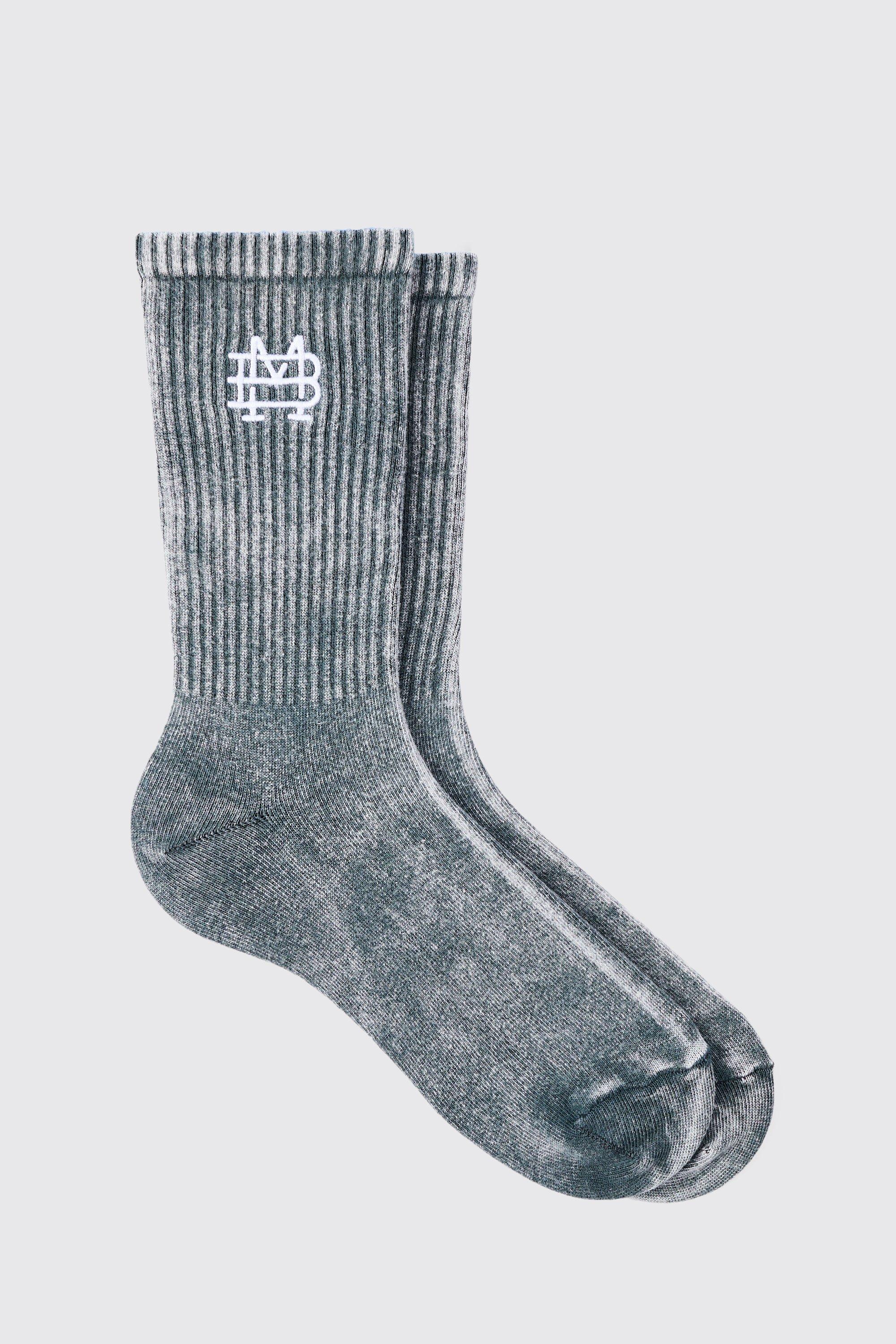 Mens Grey Acid Wash BM Embroidered Socks In Charcoal, Grey