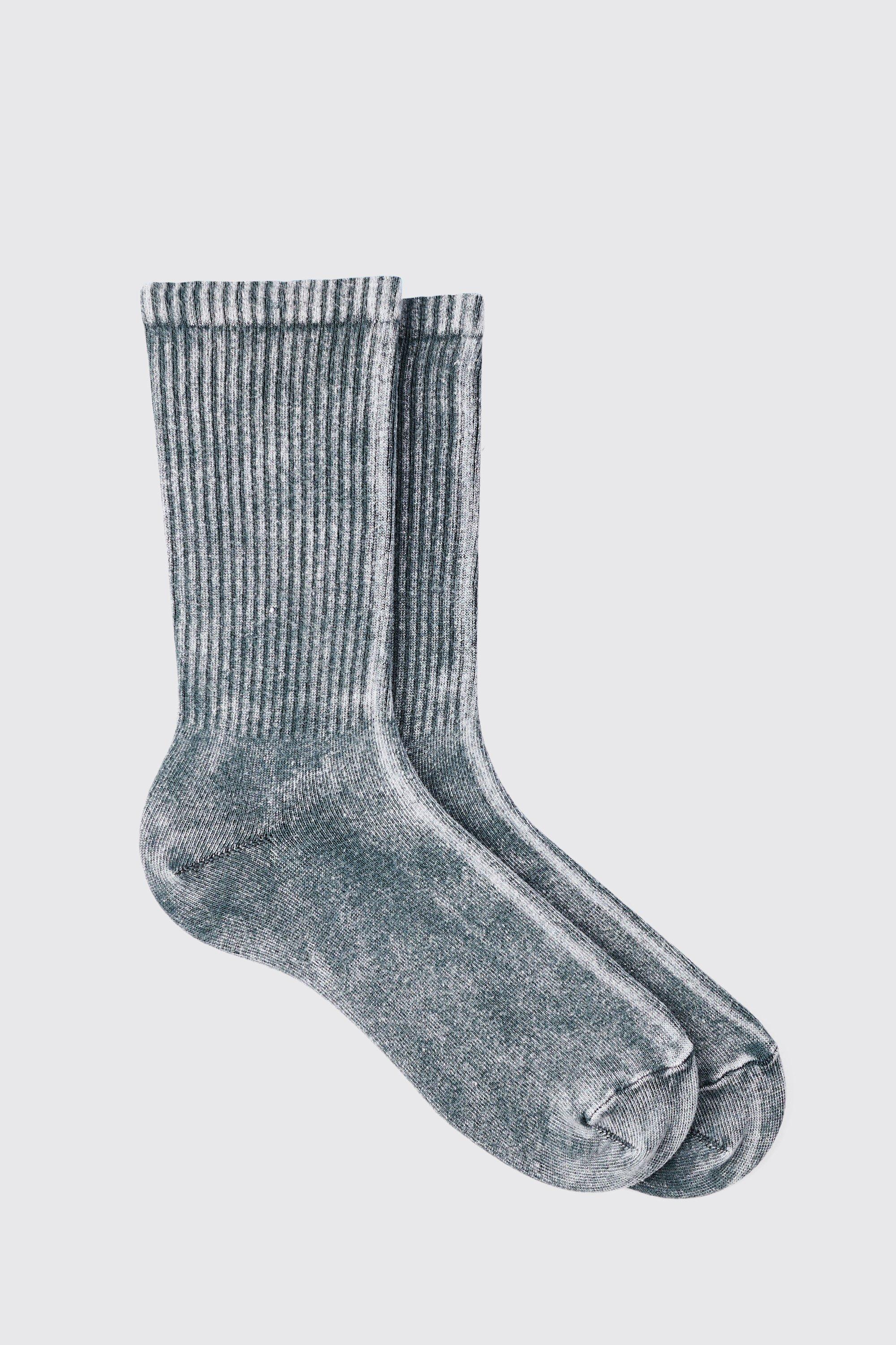 Image of Acid Wash Plain Ribbed Sports Socks In Charcoal, Grigio