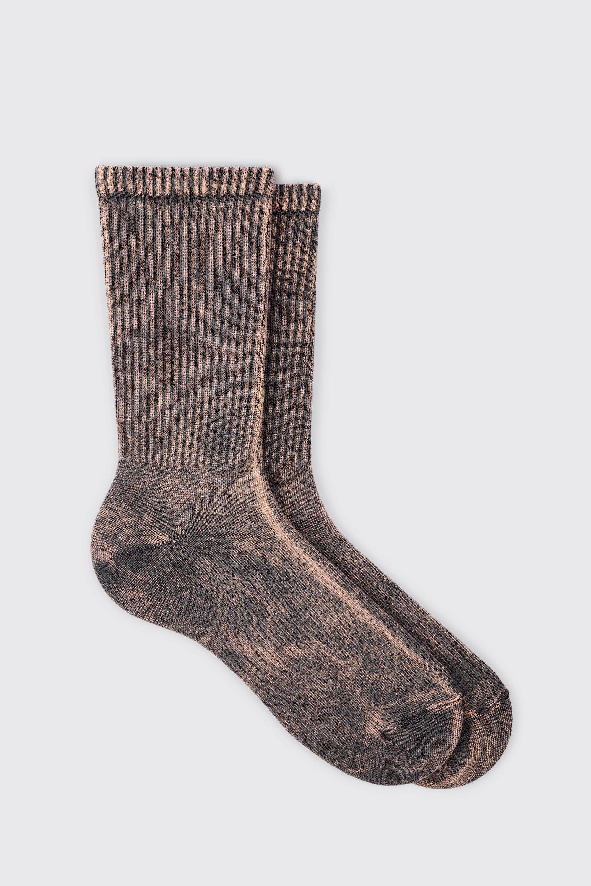 Image of Acid Wash Plain Ribbed Sports Socks In Brown, Brown