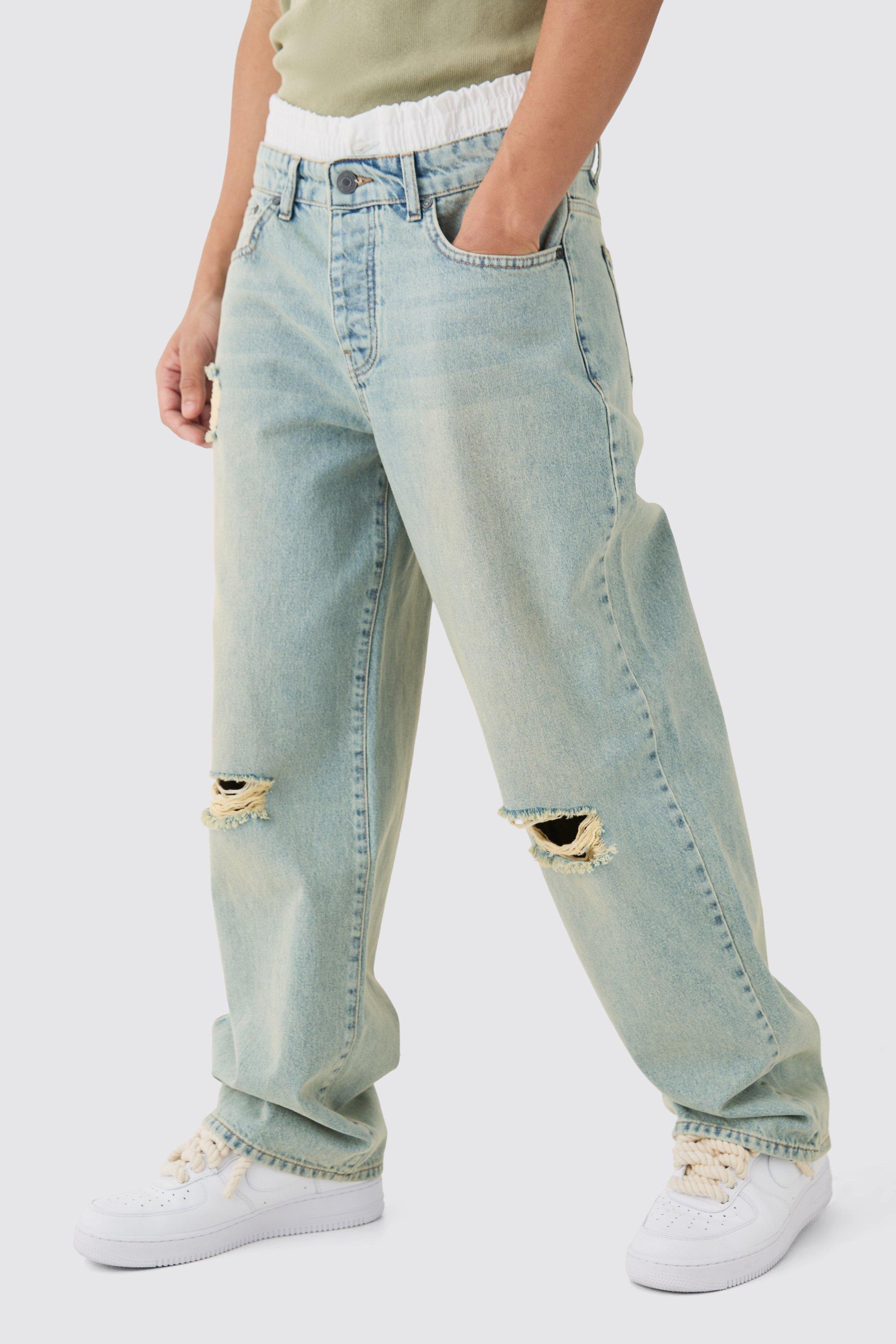 Image of Baggy Rigid Boxer Waistband Ripped Knee Jeans In Antique Blue, Azzurro