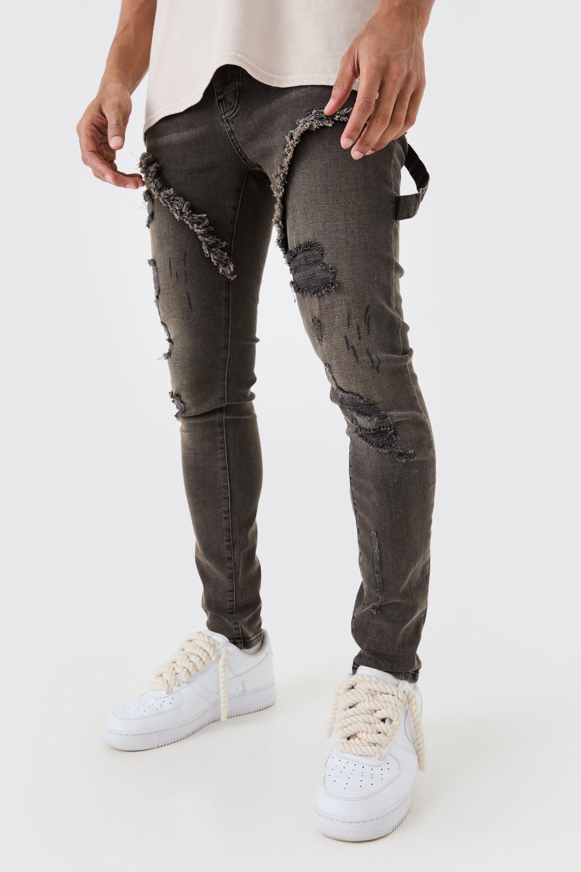 Mens Skinny Stretch Ripped Carpenter Jeans In Brown, Brown