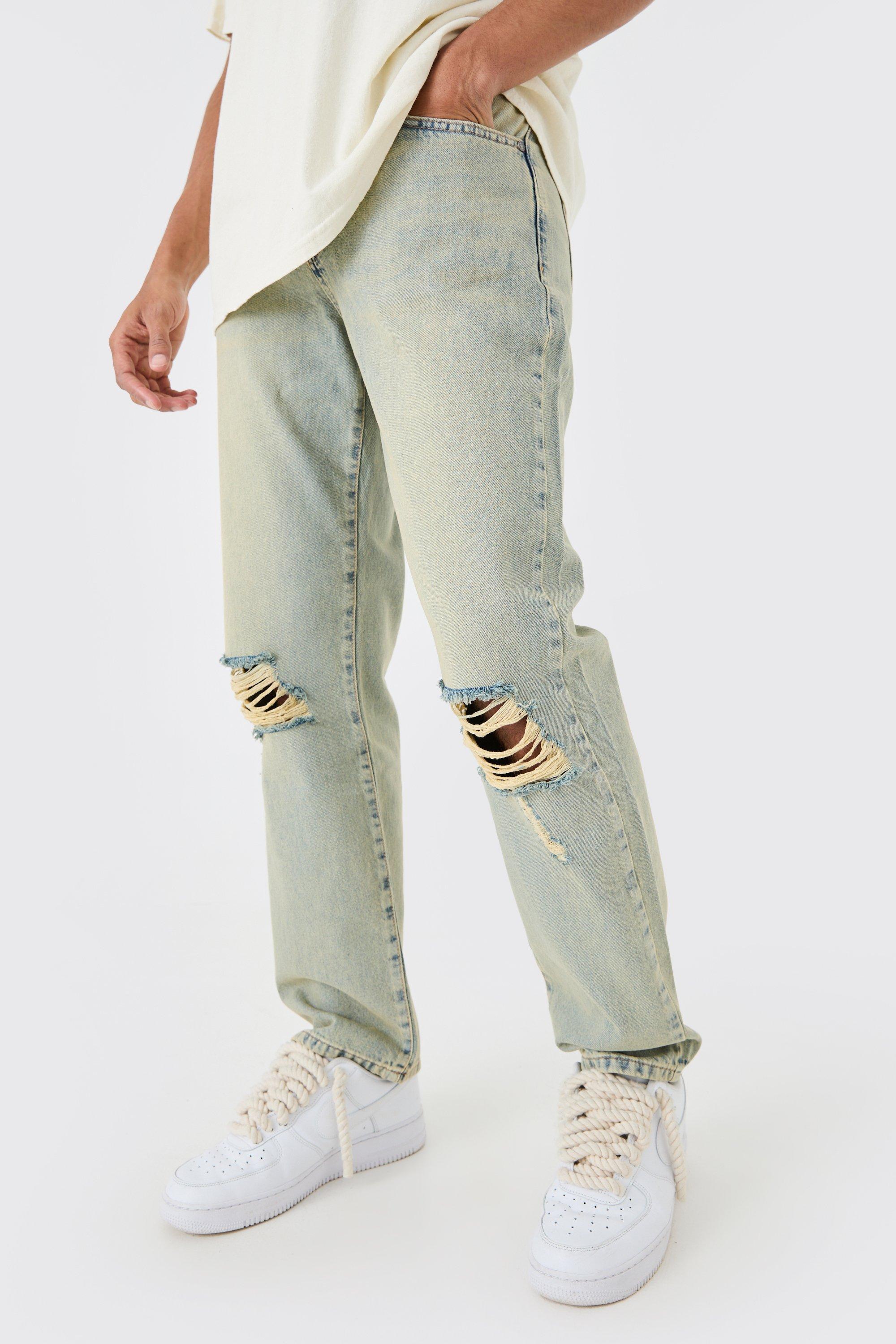 Image of Relaxed Rigid Ripped Knee Jeans In Antique Blue, Azzurro