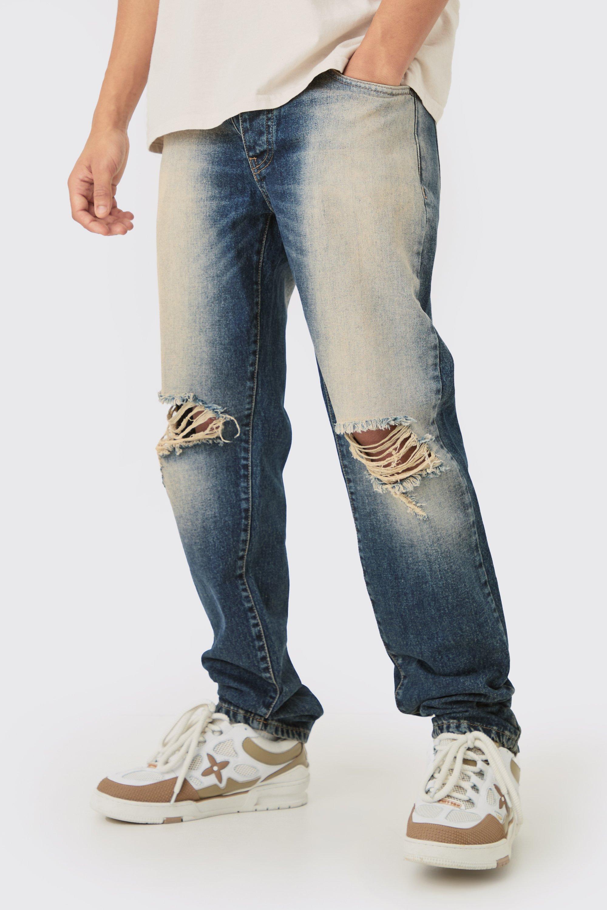 Image of Straight Rigid Washed Blue Ripped Knee Jeans, Azzurro