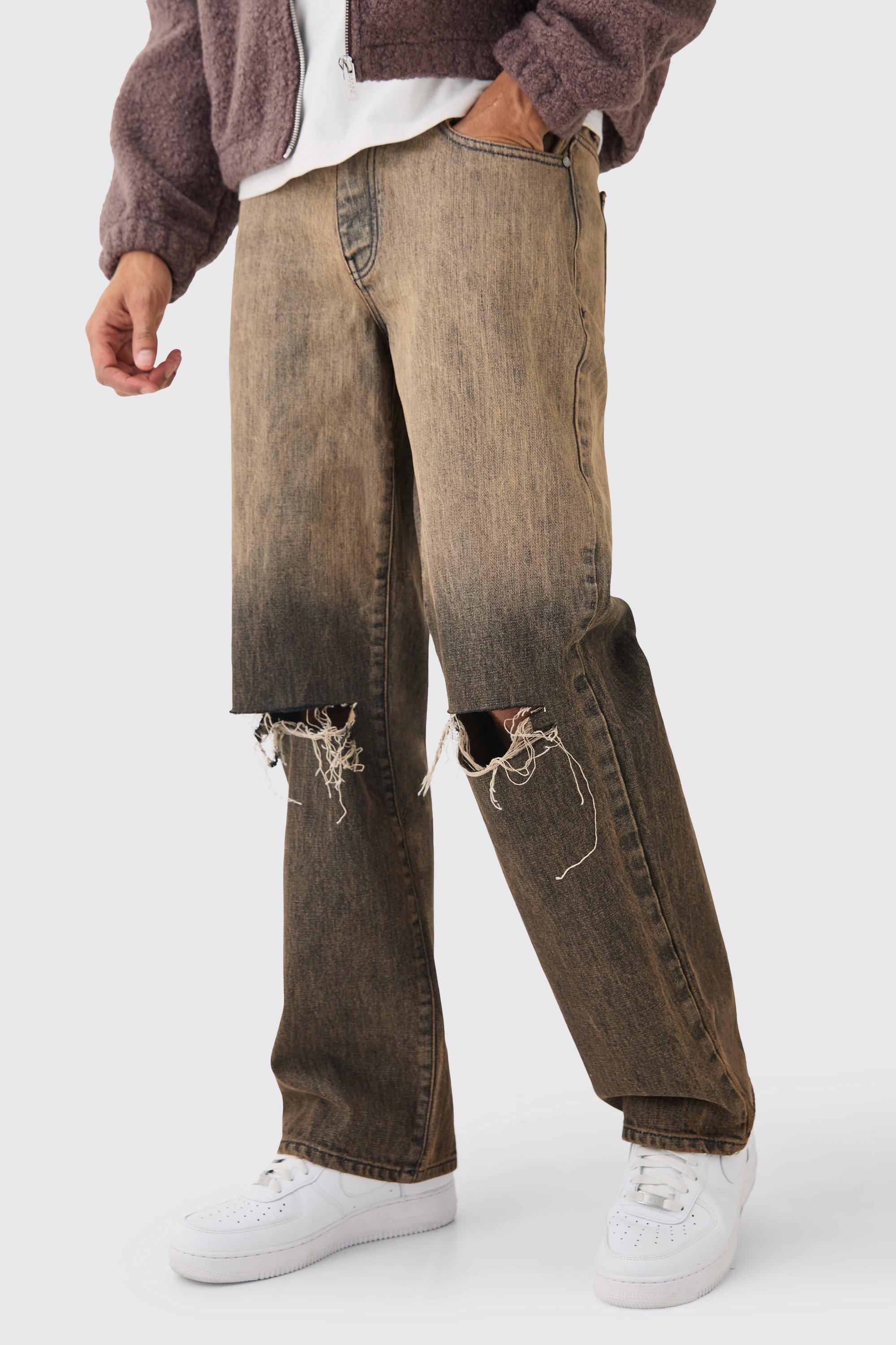 Image of Baggy Rigid Ripped Knee Jeans In Brown, Brown