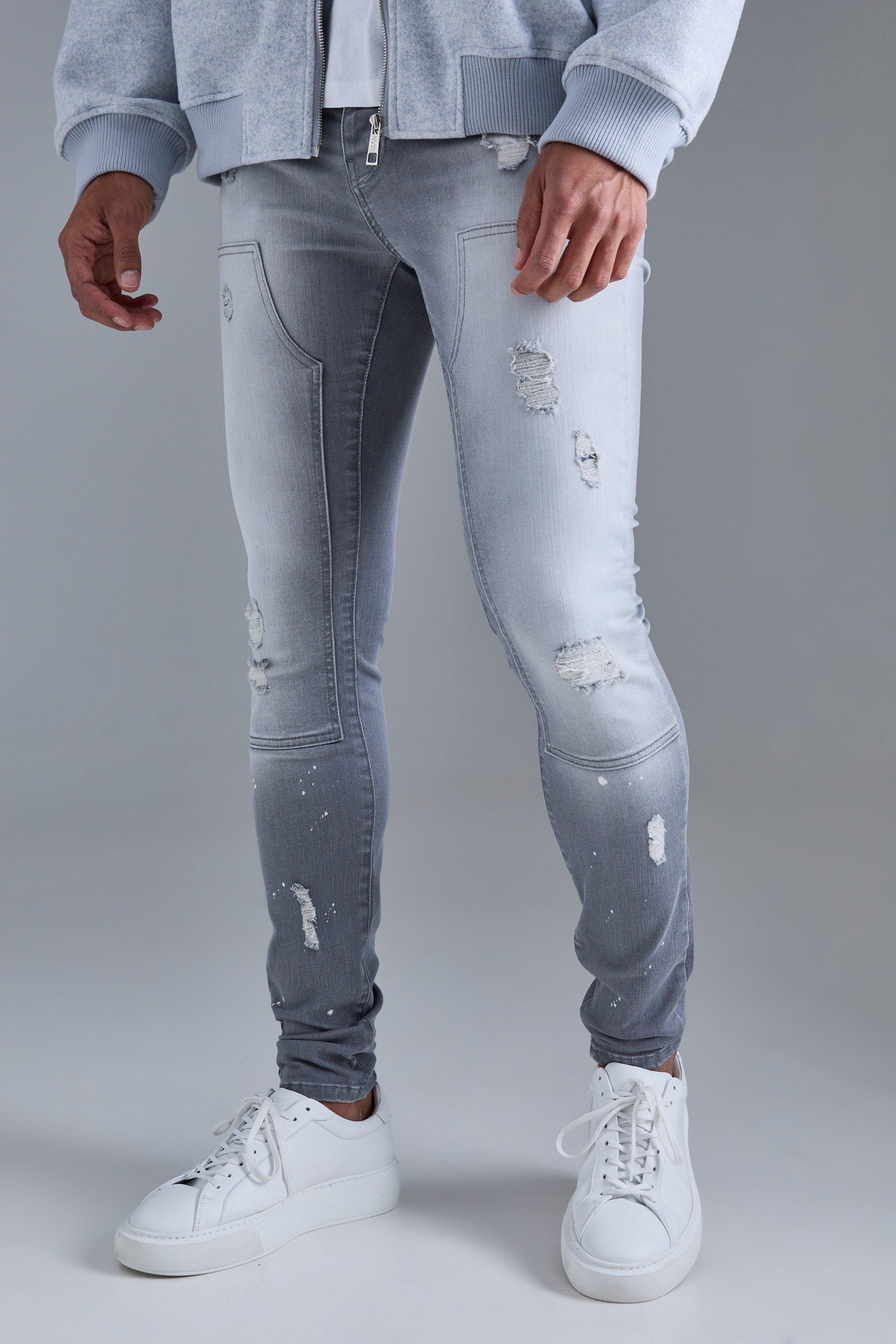 Image of Skinny Stretch Stacked Ripped Carpenter Zip Hem Jeans In Grey, Grigio