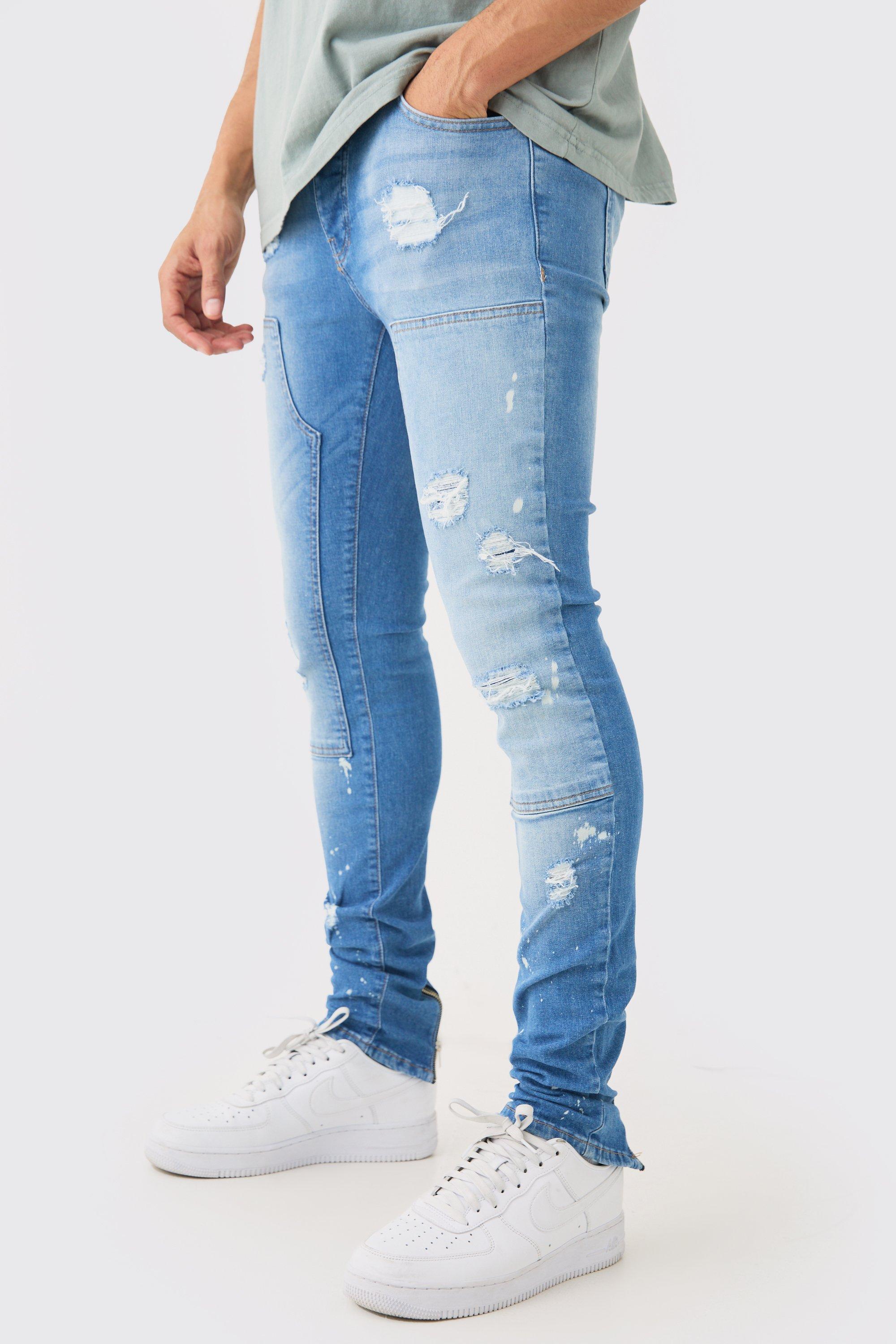 Image of Skinny Stretch Stacked Ripped Carpenter Zip Hem Jeans In Light Blue, Azzurro