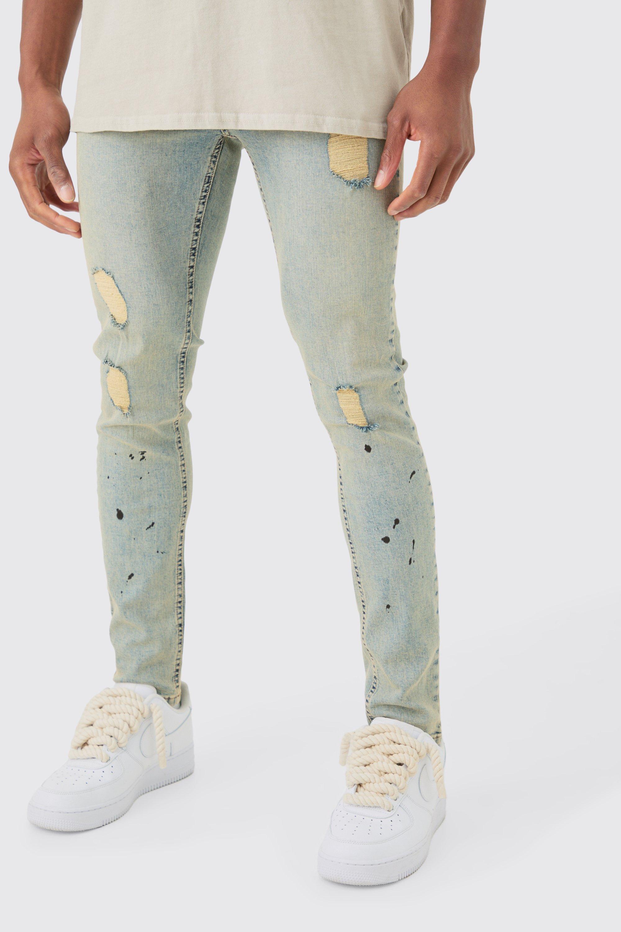 Image of Super Skinny Stretch Ripped Jeans In Vintage Blue, Azzurro