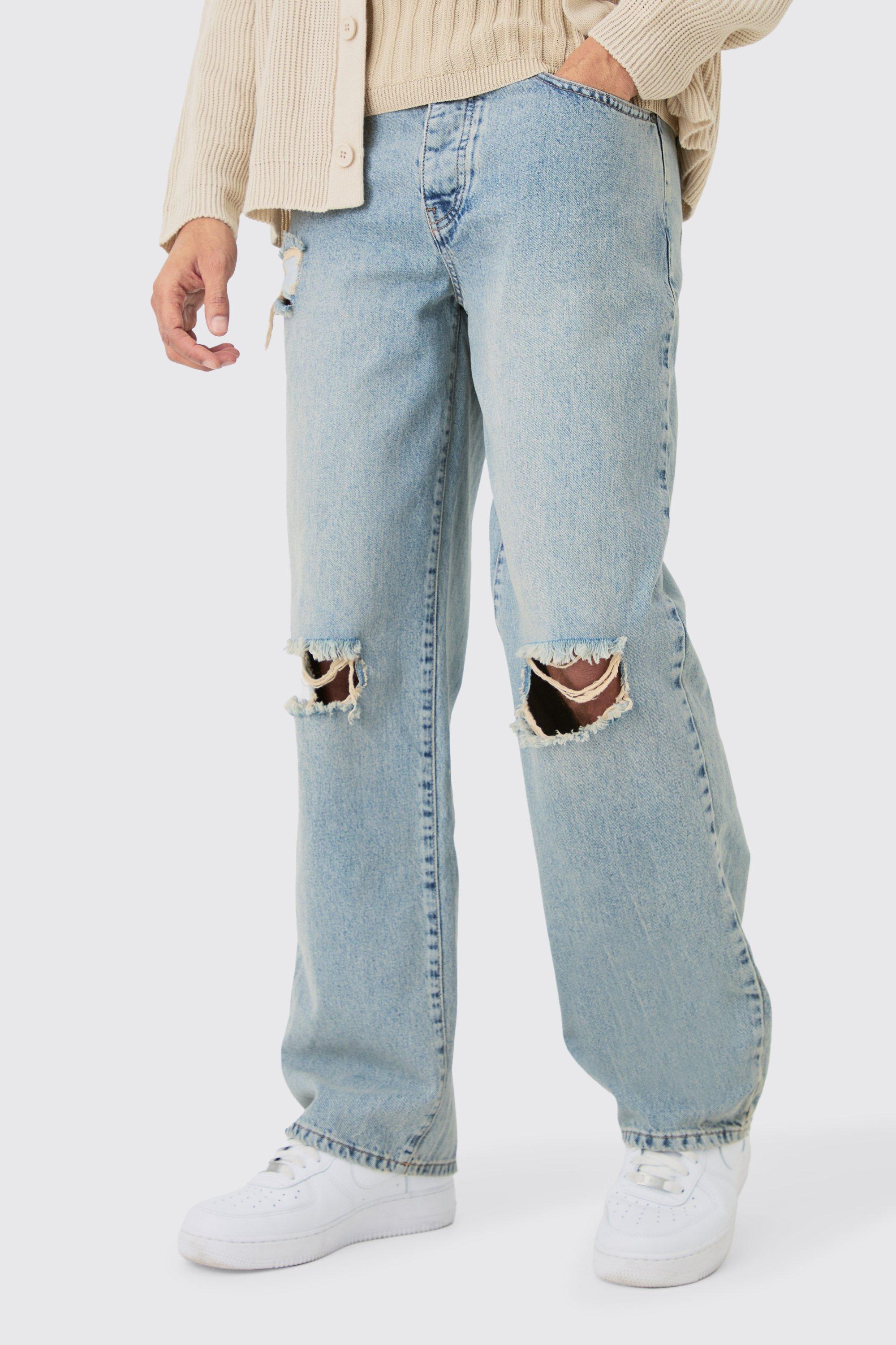 Image of Baggy Rigid Ripped Knee Jeans In Washed Light Blue, Azzurro