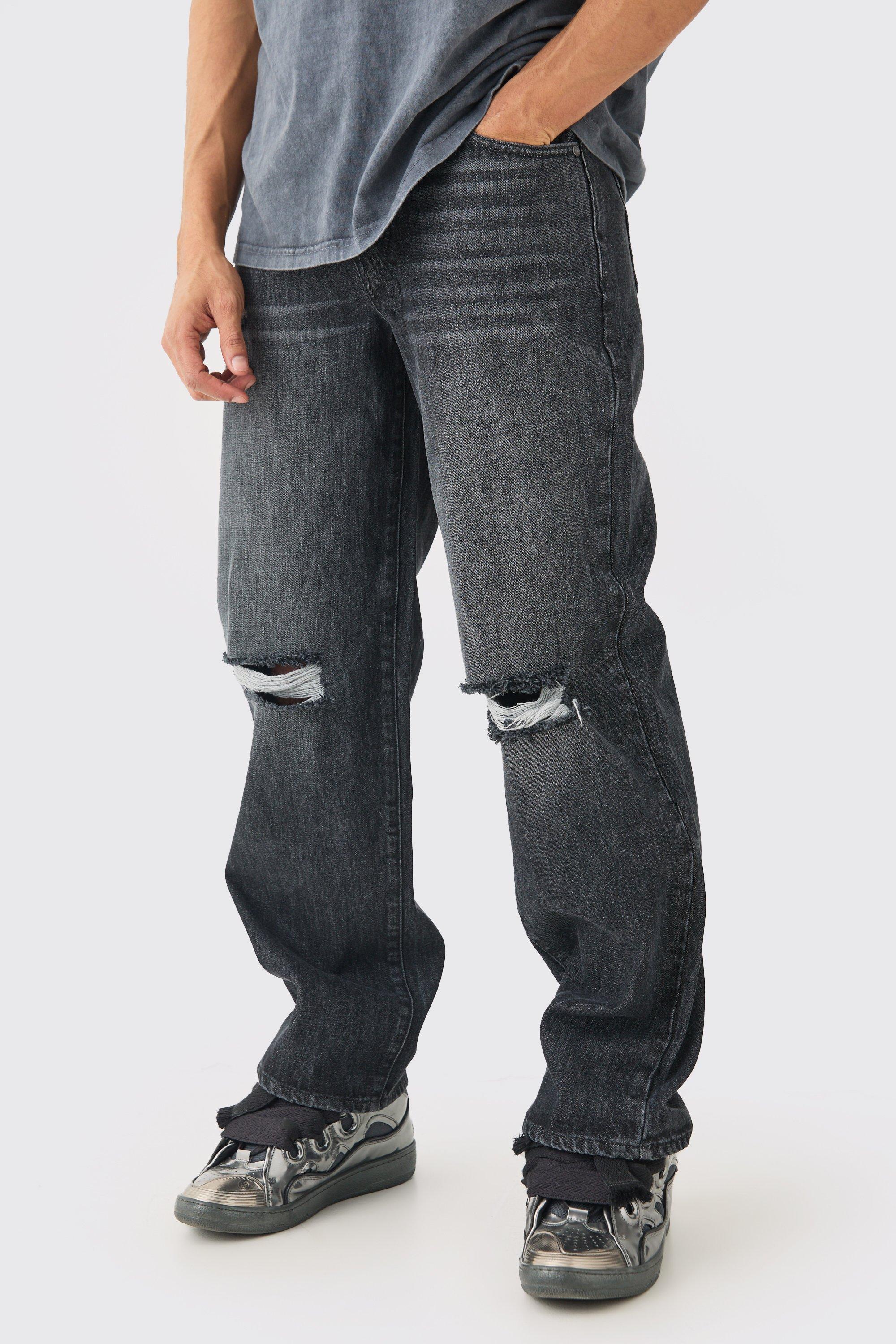Image of Baggy Rigid Black Wash Ripped Knee Jeans, Nero