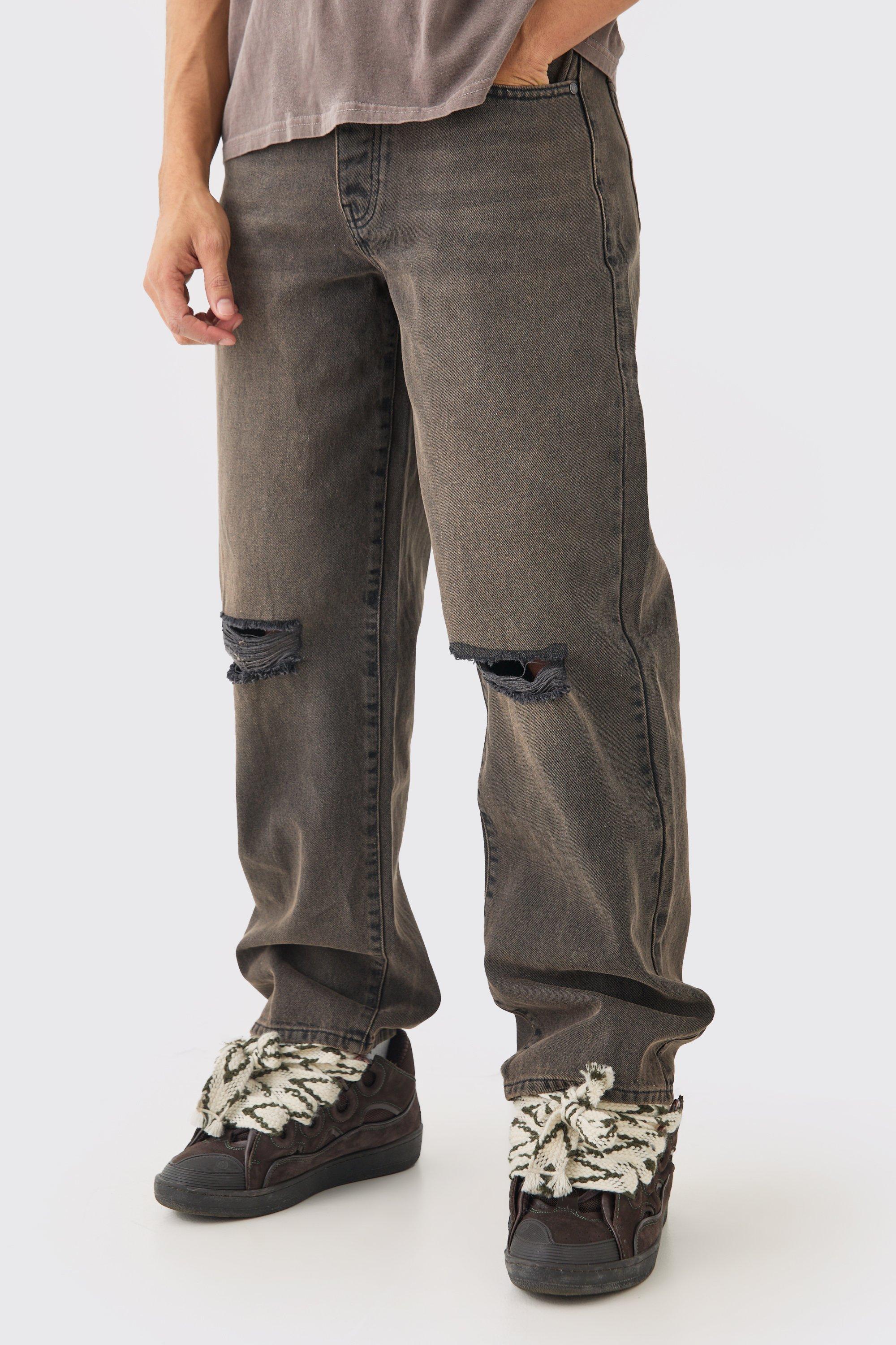 Image of Baggy Rigid Brown Wash Ripped Knee Jeans, Brown
