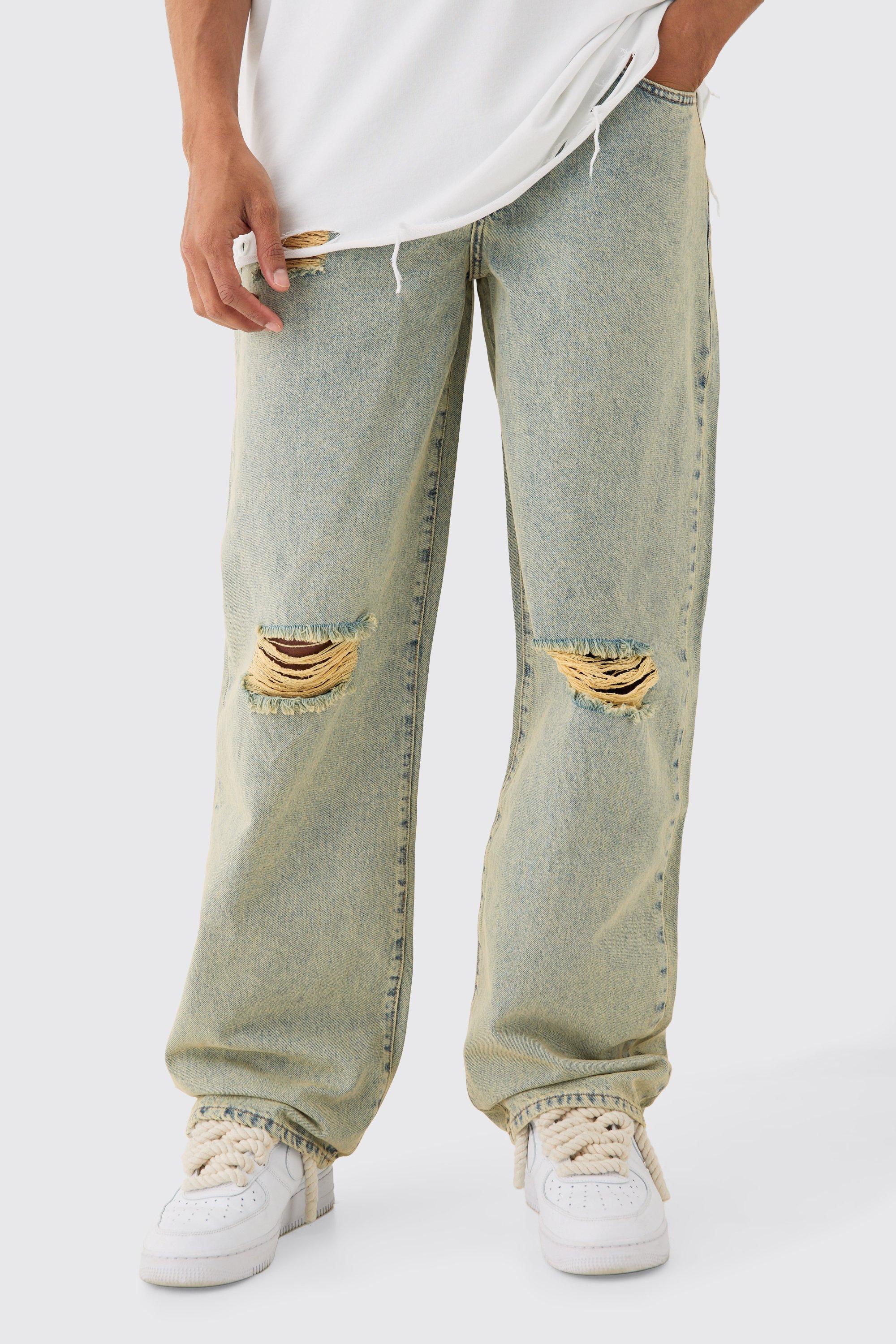 Image of Baggy Rigid Green Tint Ripped Knee Jeans, Verde